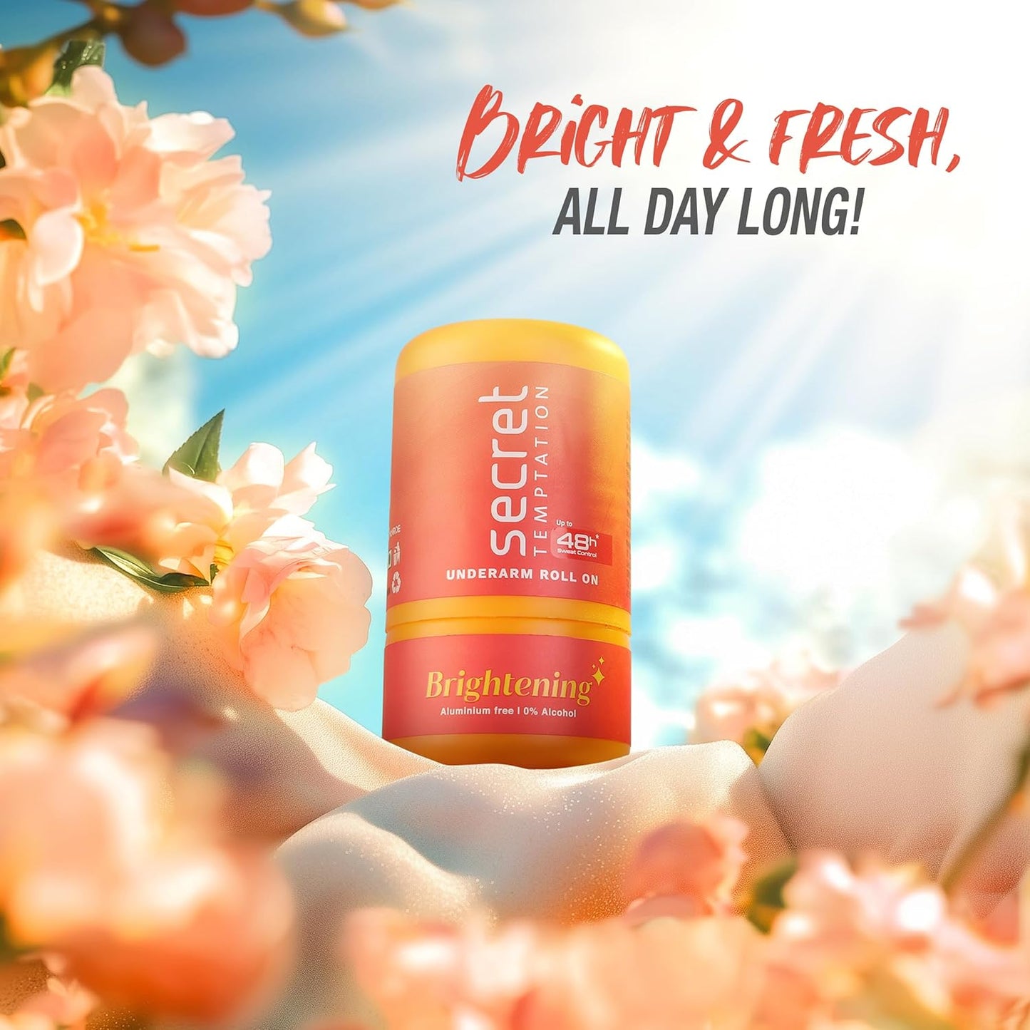 Secret underarm roll on product with flowers and bright sky in the background