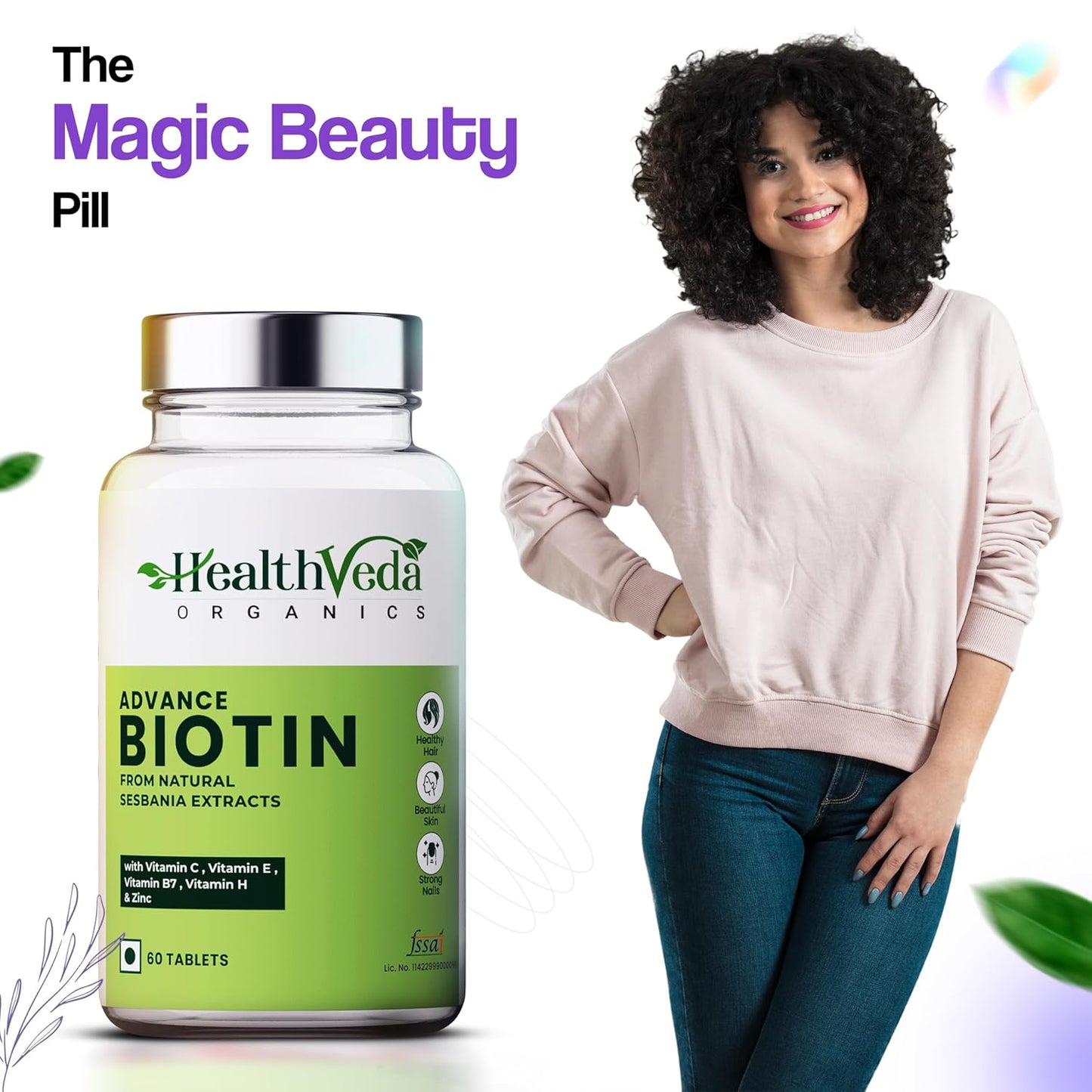 Zephivo Health Veda Organics Advanced Biotin Tablets | Boosts Keratin Production & Improves Hair Thickness with Natural Sesbania Agati Leaf Extract | Hair Vitamins (Biotin, Vitamin E & Copper) for Healthy Hair, Skin & Nails | For Both Men & Women (60 Tablets)