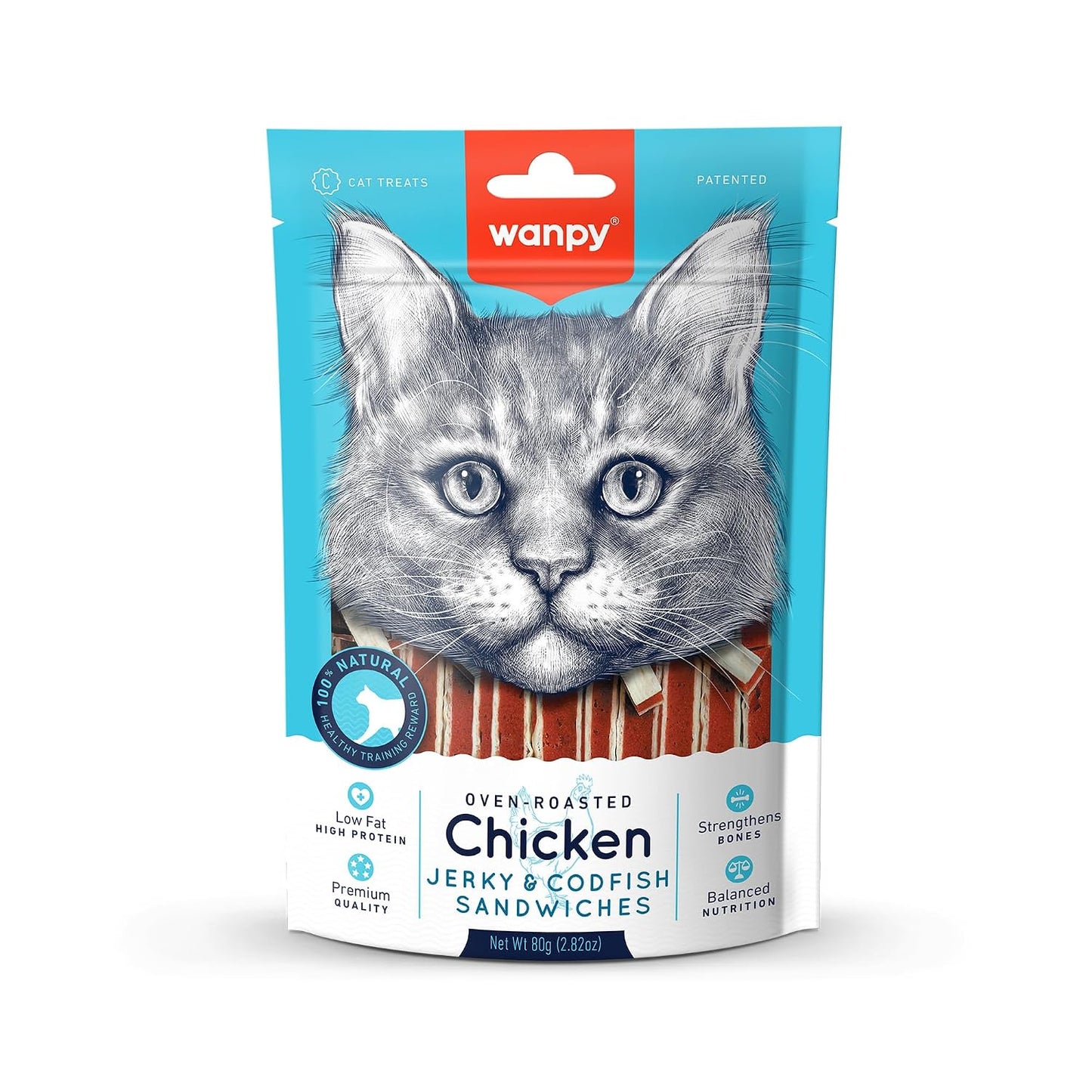 Wanpy 100% Natural Cat Treat | Chicken Jerky & Codfish Sandwich 80Gm (Pack of 1) by DogsNCats
