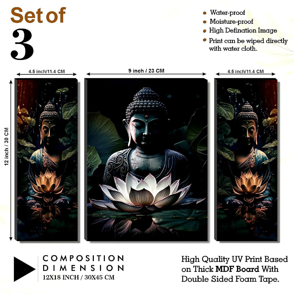 Buddha & Lotus Wall Art – 3-Panel UV-Printed Zen Triptych | Ready-to-Hang Spiritual Home Décor (20 Inch x 12 Inch) JM-35297