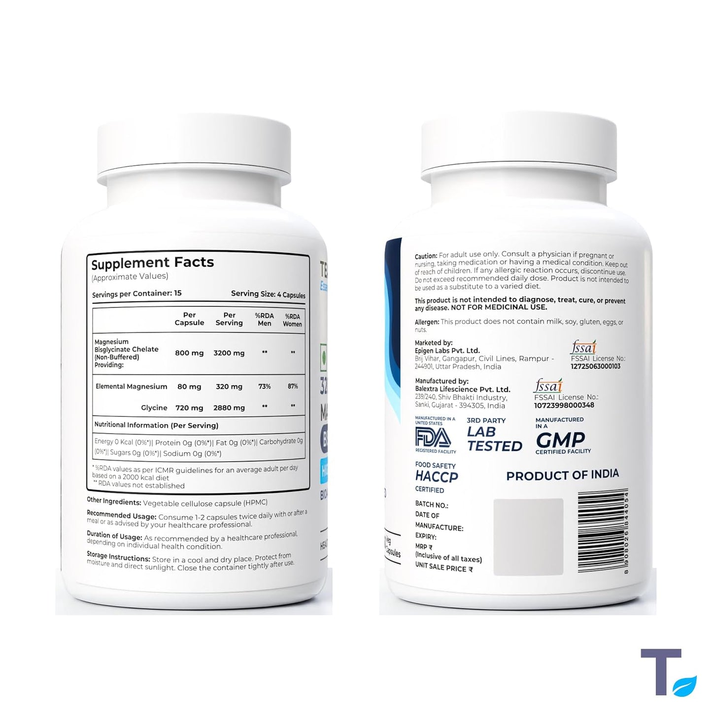 Tealed Magnesium Bisglycinate 3200mg | Non-Buffered | Chelated | Lab-Tested | Eurofins | 320mg Elemental Magnesium | No Fillers & Preservatives | Supports Muscle Relaxation & Sleep Quality | 60 Veg Caps