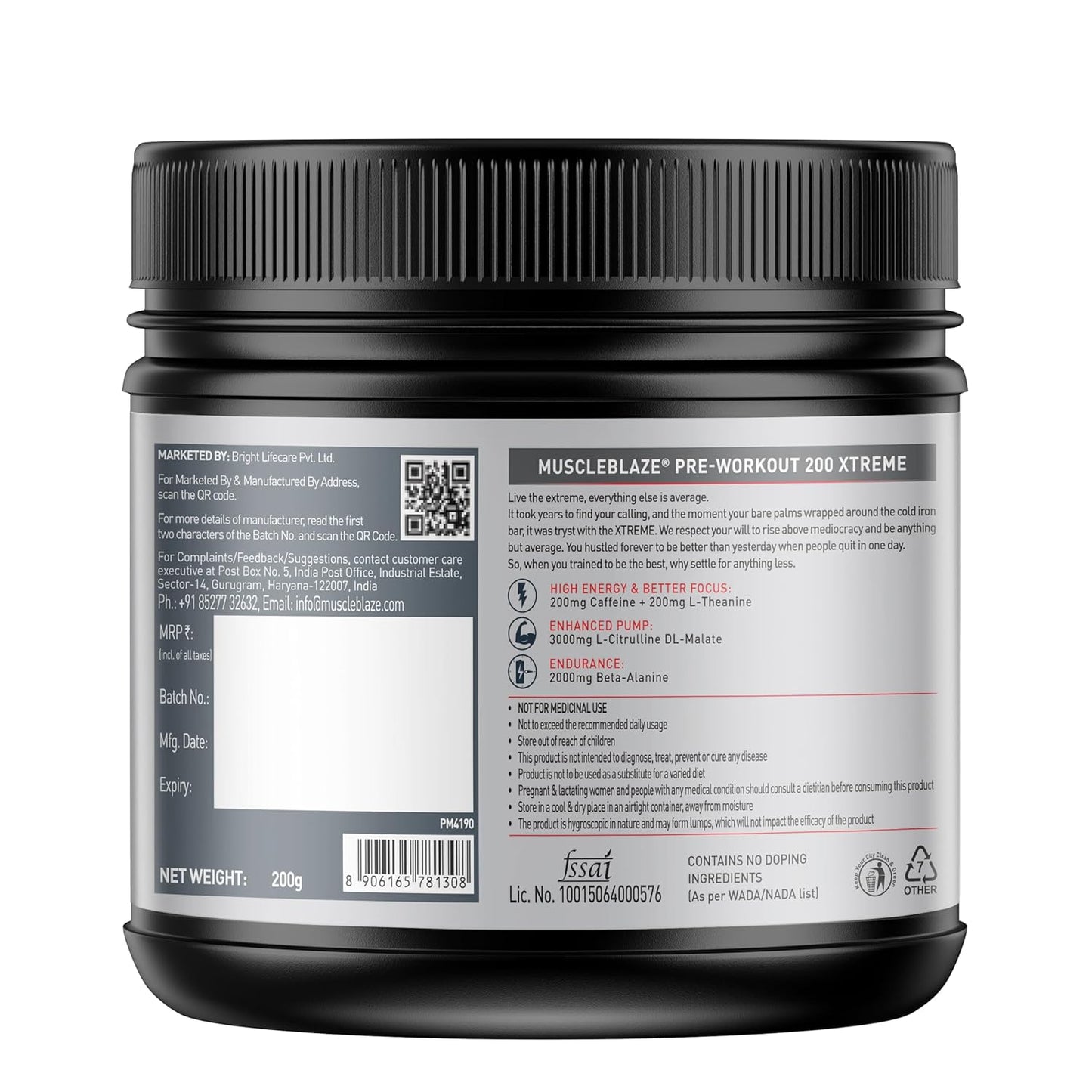 MuscleBlaze Pre Workout 200 Xtreme (Fruit Punch, 60 Servings, 200g) | 200mg Caffeine, 200mg Theanine, 2000mg Beta Alanine, 3000mg Citrulline