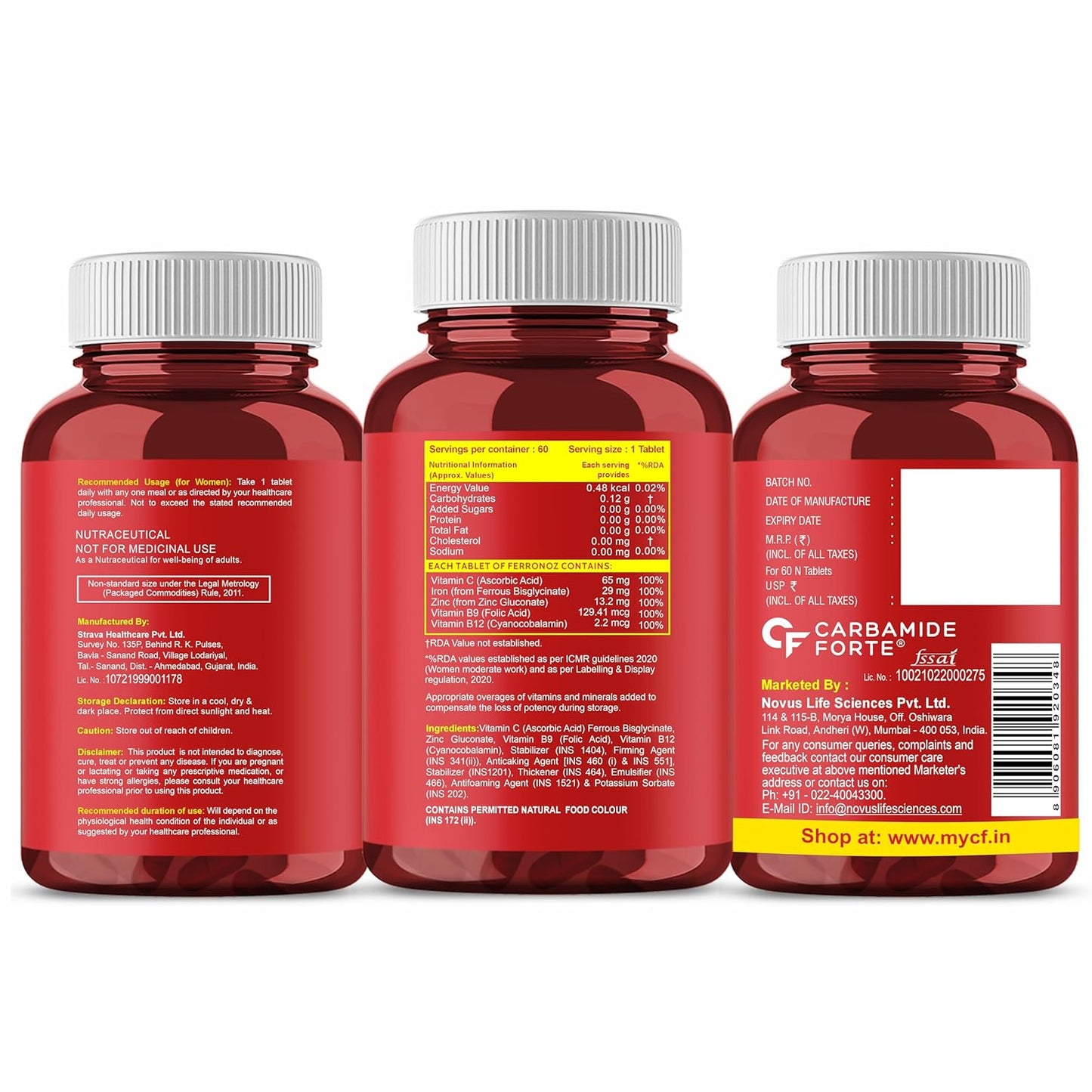Three red supplement bottles with white caps on a white background