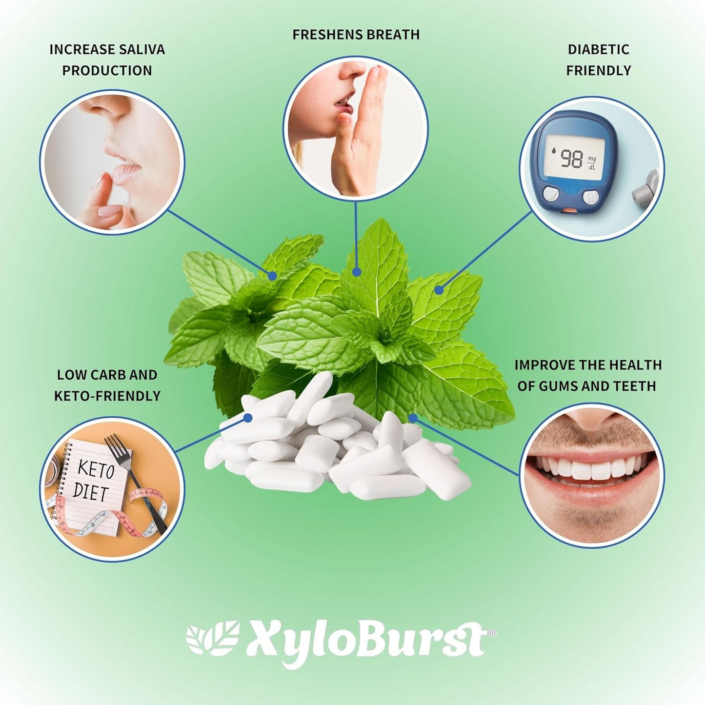 XyloBurst Gum | Xylitol Chewing Gum | Sugar Free, Gluten Free, Keto Friendly | Aspartame Free Gum For Oral Health | Spearmint | 12 Pieces, Pack of 1