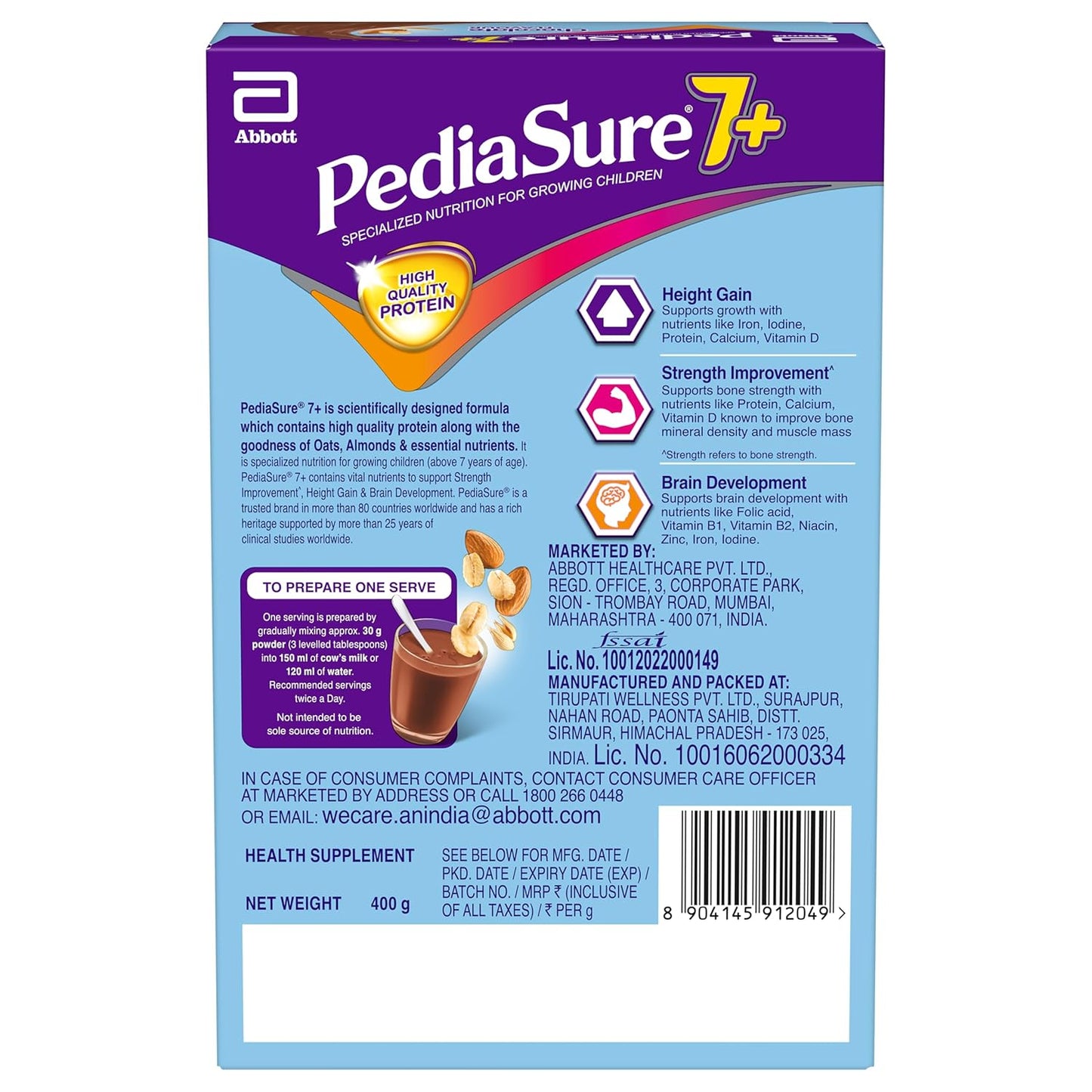 PediaSure 7+ Specialized Nutrition Drink Powder 400 Grams,Premium Chocolate Flavour With Oats & Almonds,For Growing Children,Supports Height Gain,Muscle Strength &Brain Development,1 Count