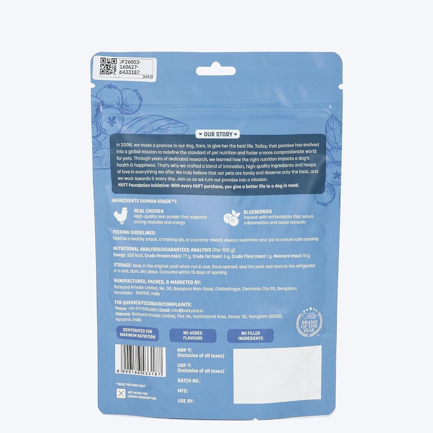 Sara’s Doggie Treats – Dehydrated Chicken Jerky with Blueberry – 70 gm | 100% Natural, High-Protein Dog Treat | Rich in Antioxidants | Grain & Preservative-Free