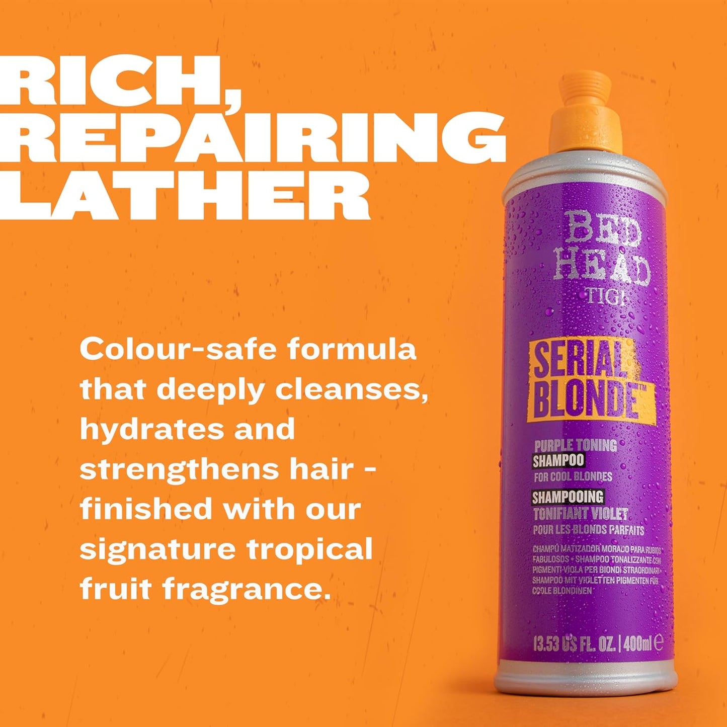 Bed Head TIGI Serial Blonde Restoring Shampoo for Damaged Hair, Colour Enhancing & Protection Shampoo with Keratin for Blonde Coloured Hair, Restores & Revives, UV Protection, Deep Cleanses & Moisturizes Hair, Exotic Tropical Fragrance, 600ml