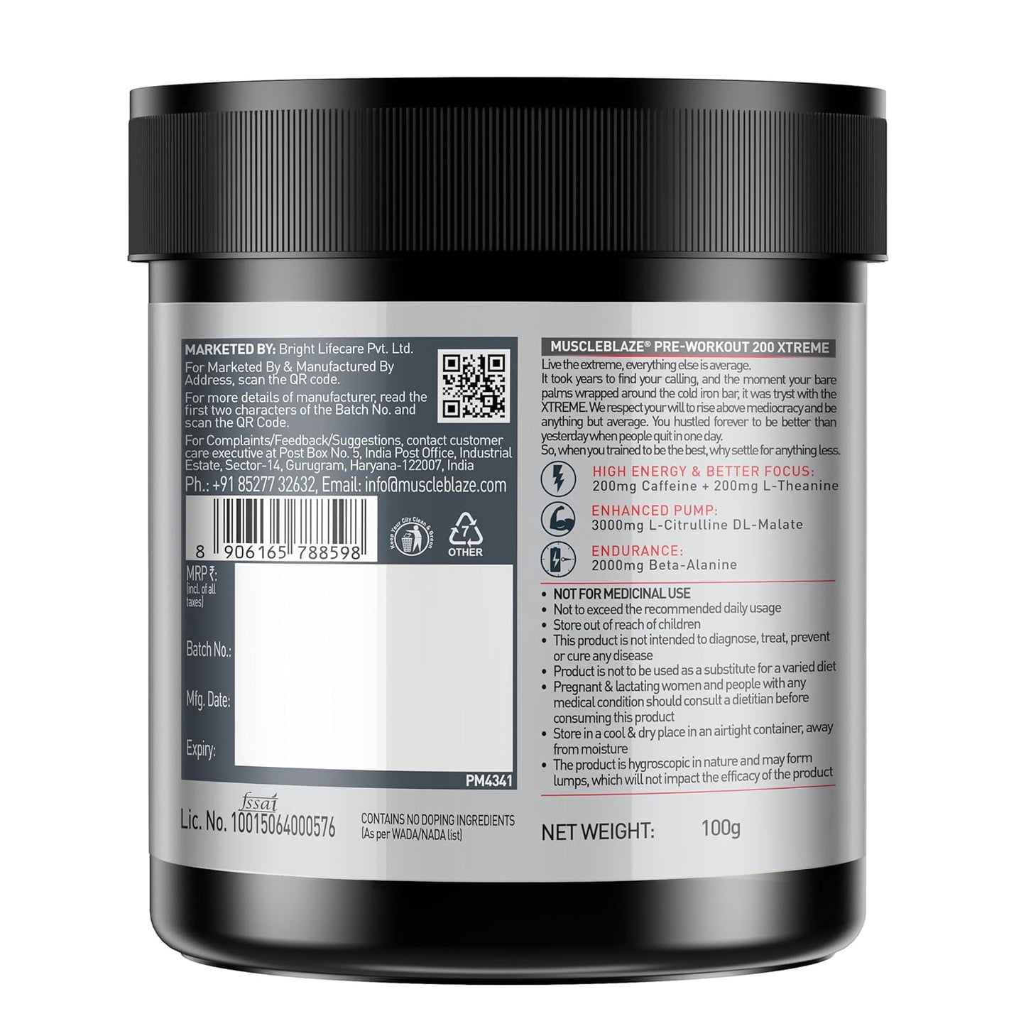 MuscleBlaze Pre Workout 200 Xtreme (Tangy Orange, 15 Servings, 100g) | 200mg Caffeine, 200mg Theanine, 2000mg Beta Alanine, 3000mg Citrulline