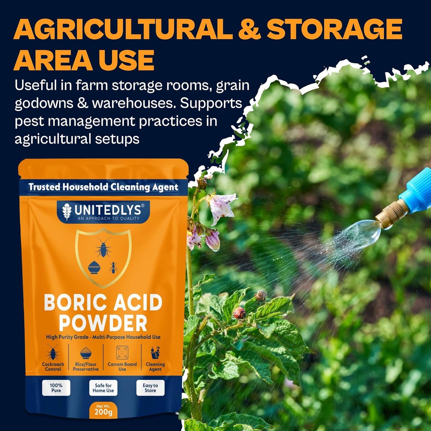 Unitedlys 200g Boric Acid Powder for Cockroaches Control | Multi Purpose Cleaner Powder for Household Cleaning, Carrom Board Use & Rice Storage Protection | Effective & Safe Stain Remover for Kitchen