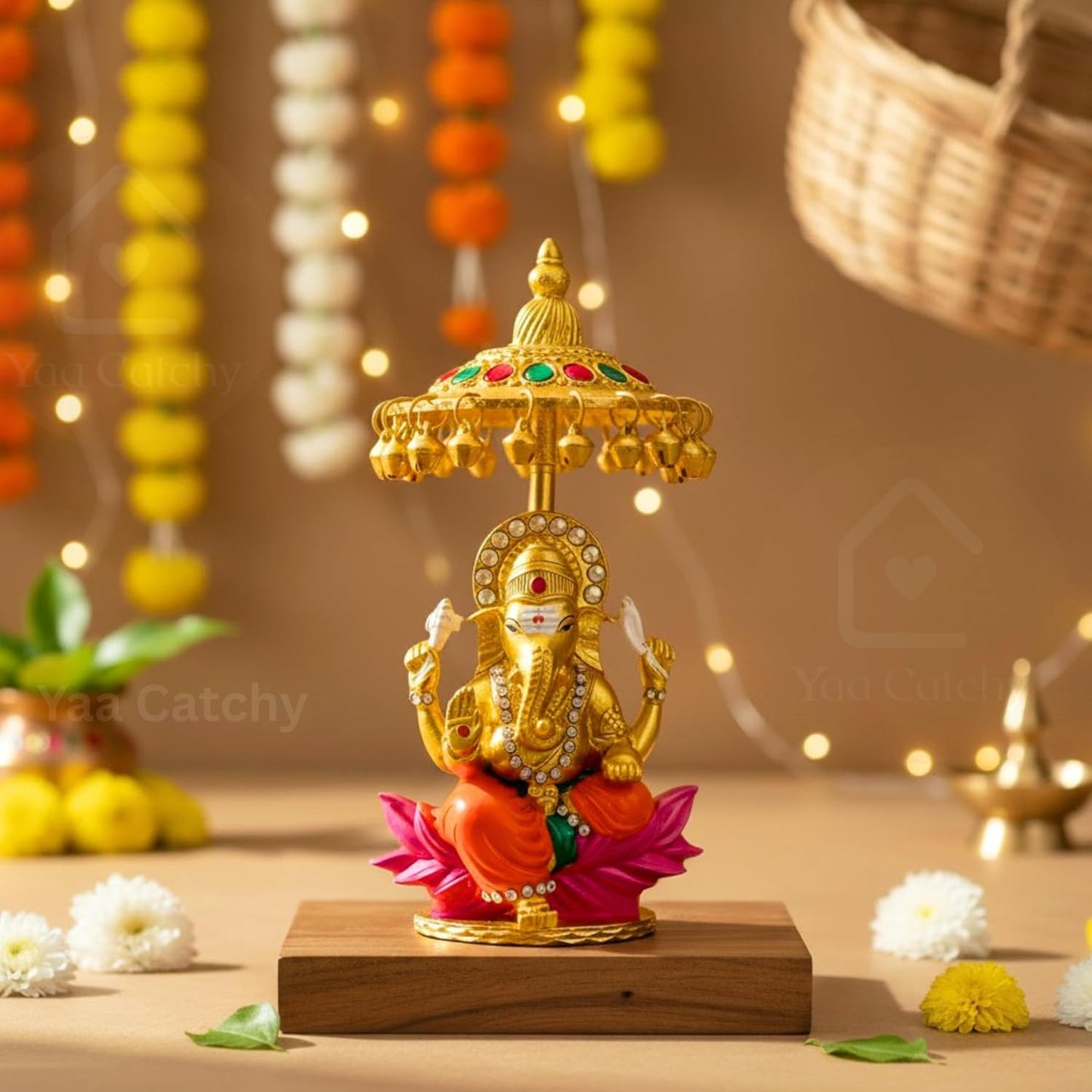 Yaa Catchy Lord Ganesha Car Dashboard Idol & Crystal Stones Hindu God Ganpati.Believed to Protect and Bless Travelers on Their Journeys. (Umbrella Colour)