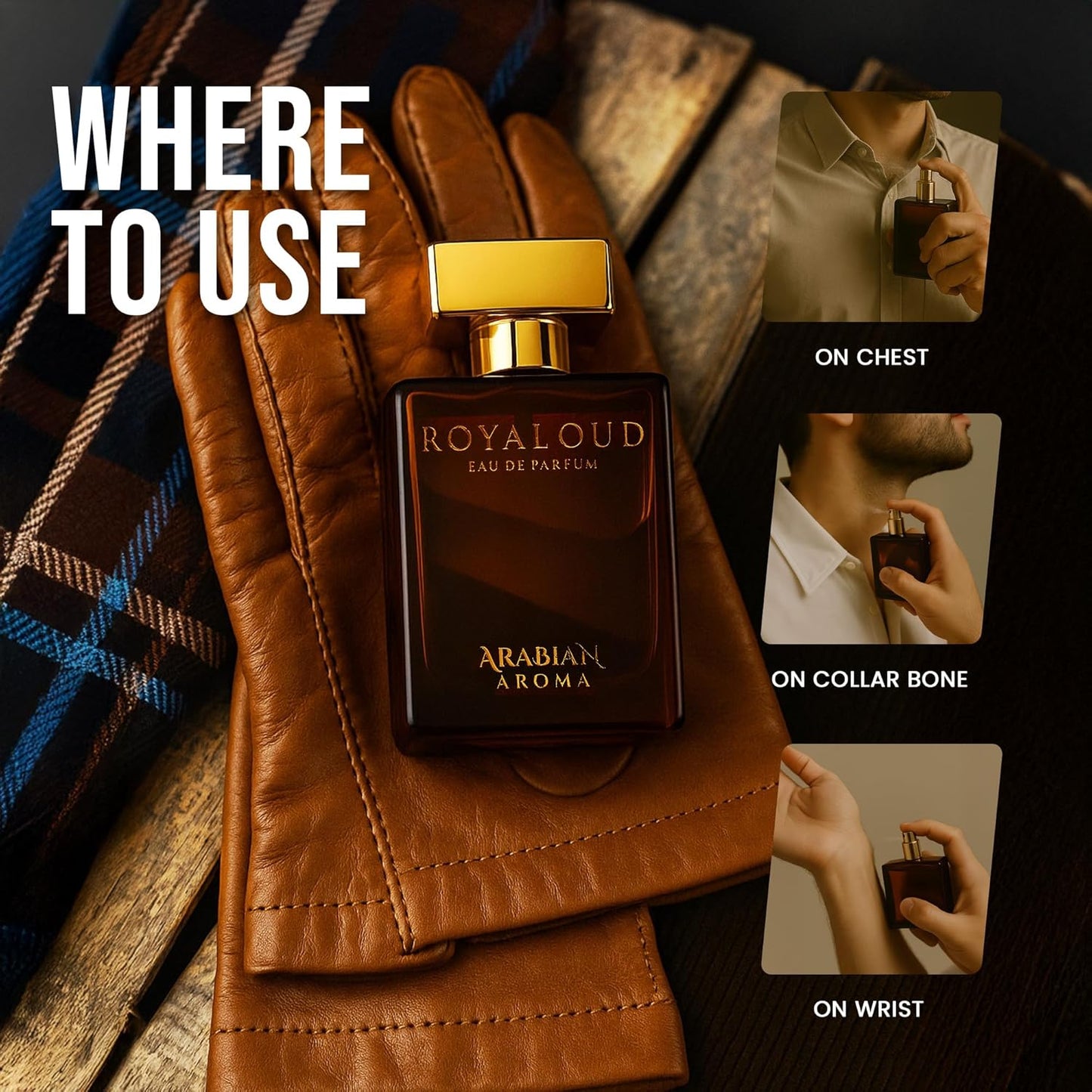 Perfume bottle labeled 'Royaloud Arabian Aroma' on a leather surface with usage instructions.