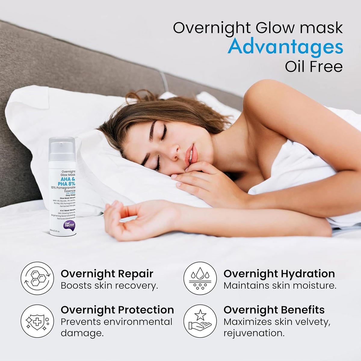 Woman sleeping with an overnight glow mask product and its benefits listed.