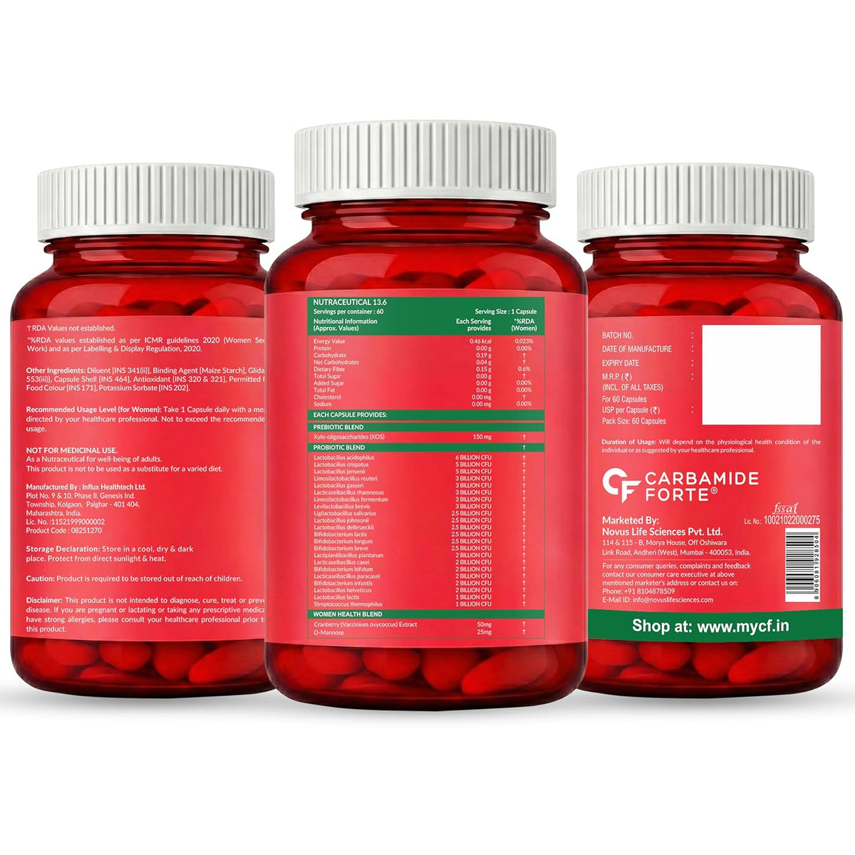 Carbamide Forte Women’s Probiotics Supplement 60 Billion CFU | Gut Health Supplements with Cranberry Extract | Pre & Probiotics Supplement for Gut Health | 60 veg Capsules