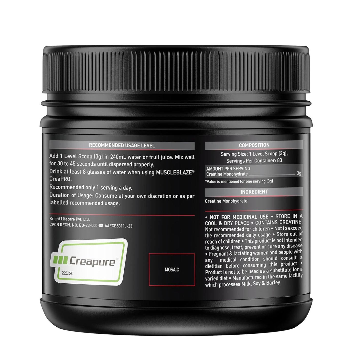 MuscleBlaze CreaPRO Creatine Monohydrate Powder with Creapure, Unflavoured (83 Servings, 250g)