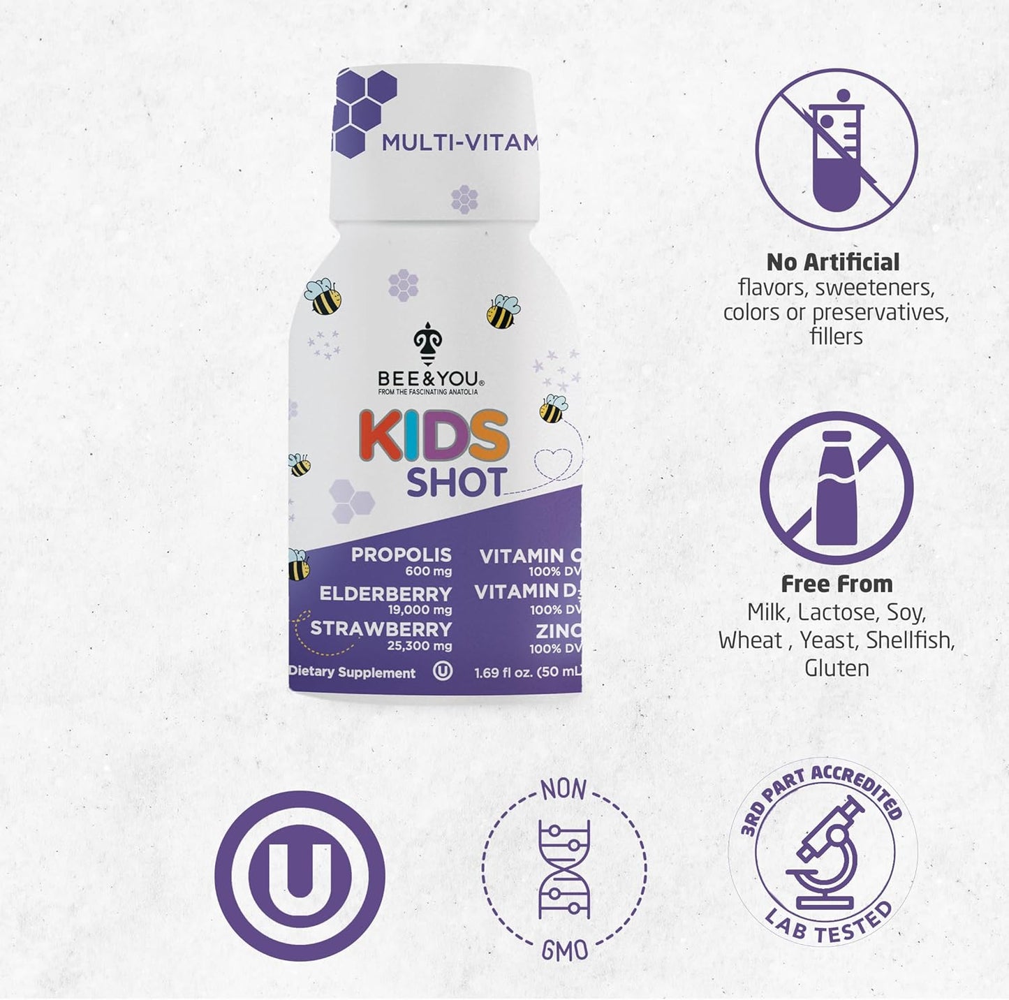 BEE and You Kids Immune Support Supplement, 100% Natural Propolis, Vitamin C, Elderberry, Raw Honey, Antioxidants, Alternative to Gummies, Great Taste, 1.69 fl. oz Each