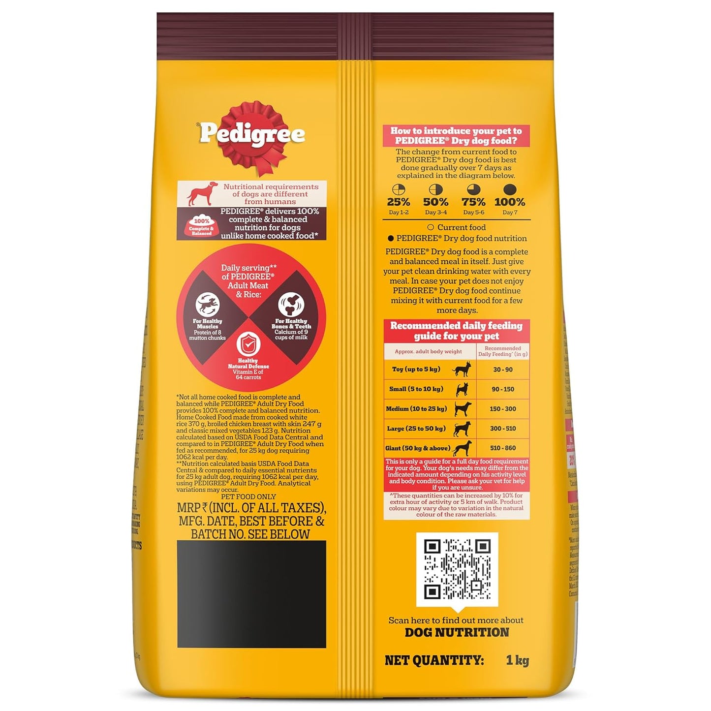 Pedigree Adult Dry Dog Food, Meat & Rice, 1 kg, Contains 37 Essential Nutrients, 100% Complete & Balanced Food for Adult Dogs