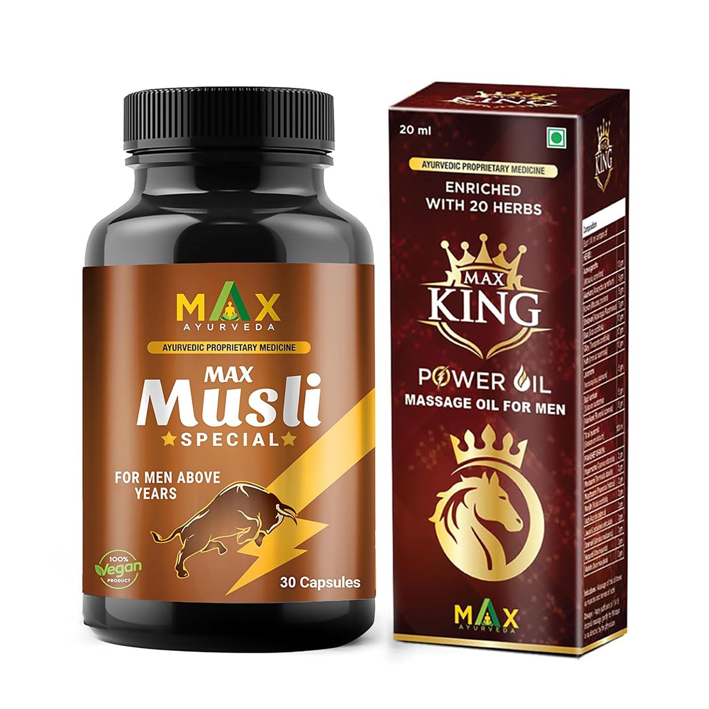 Max Ayurveda Musli Special (For 45+ Men) & King Power Ayurvedic Massage Oil - Combo (30 Capsules + 1 Oil Bottle)
