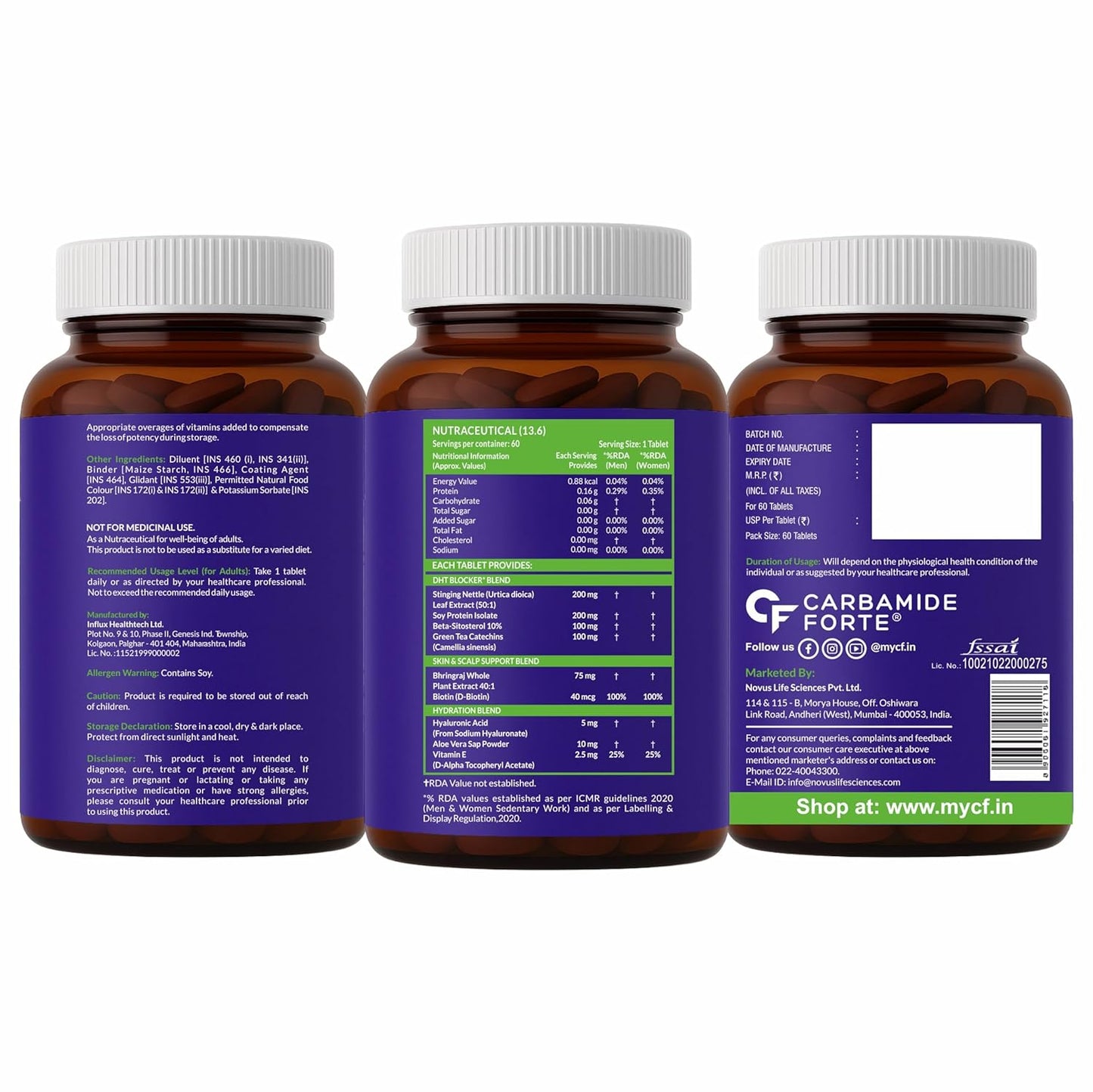 Carbamide Forte DHT Blocker with Biotin Tablets for Hair growth | Biotin Supplement with Bhringraj & Hyaluronic Acid | DHT Blocker Tablet supports Hair Growth, Scalp & Skin Health for Men & Women | 60 Tablets