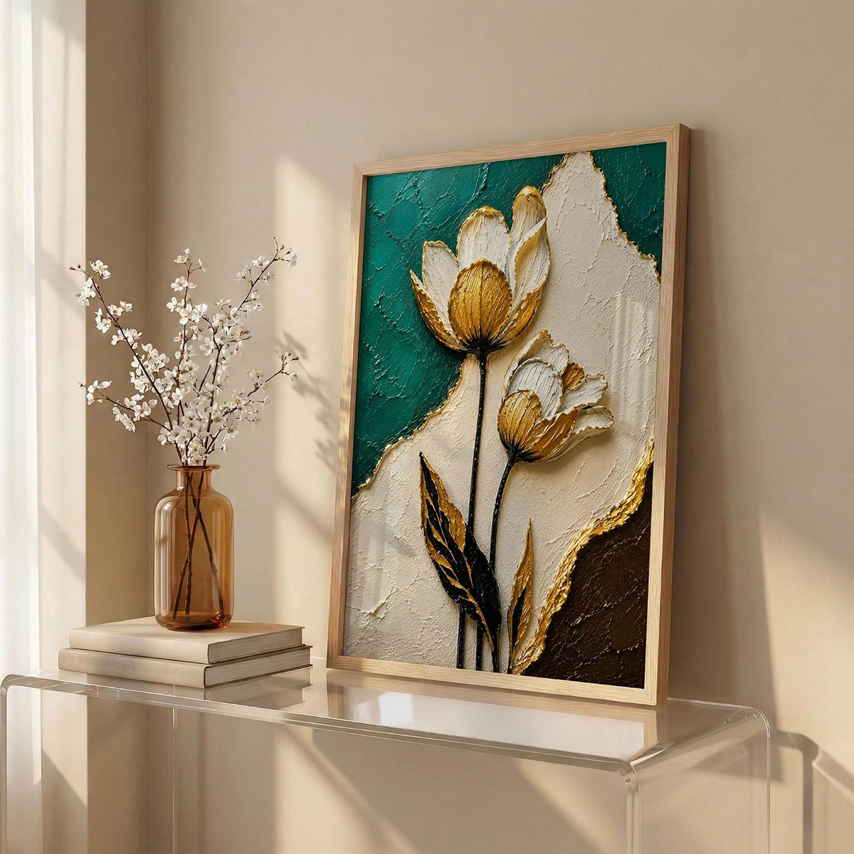 White Gold Floral Teal Framed Wall Art, Natural, 10x13 Inches