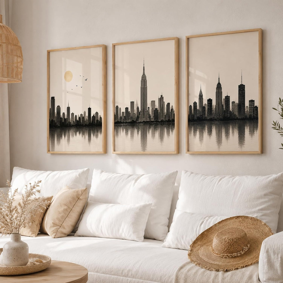 Set of 3 Modern City Skyline Wall Art Paintings for Living Room | Minimalist Urban Cityscape Wall Decor | Neutral Beige Framed Wall Paintings for Bedroom, Office, Hall & Home Decoration (13x19 Inches)