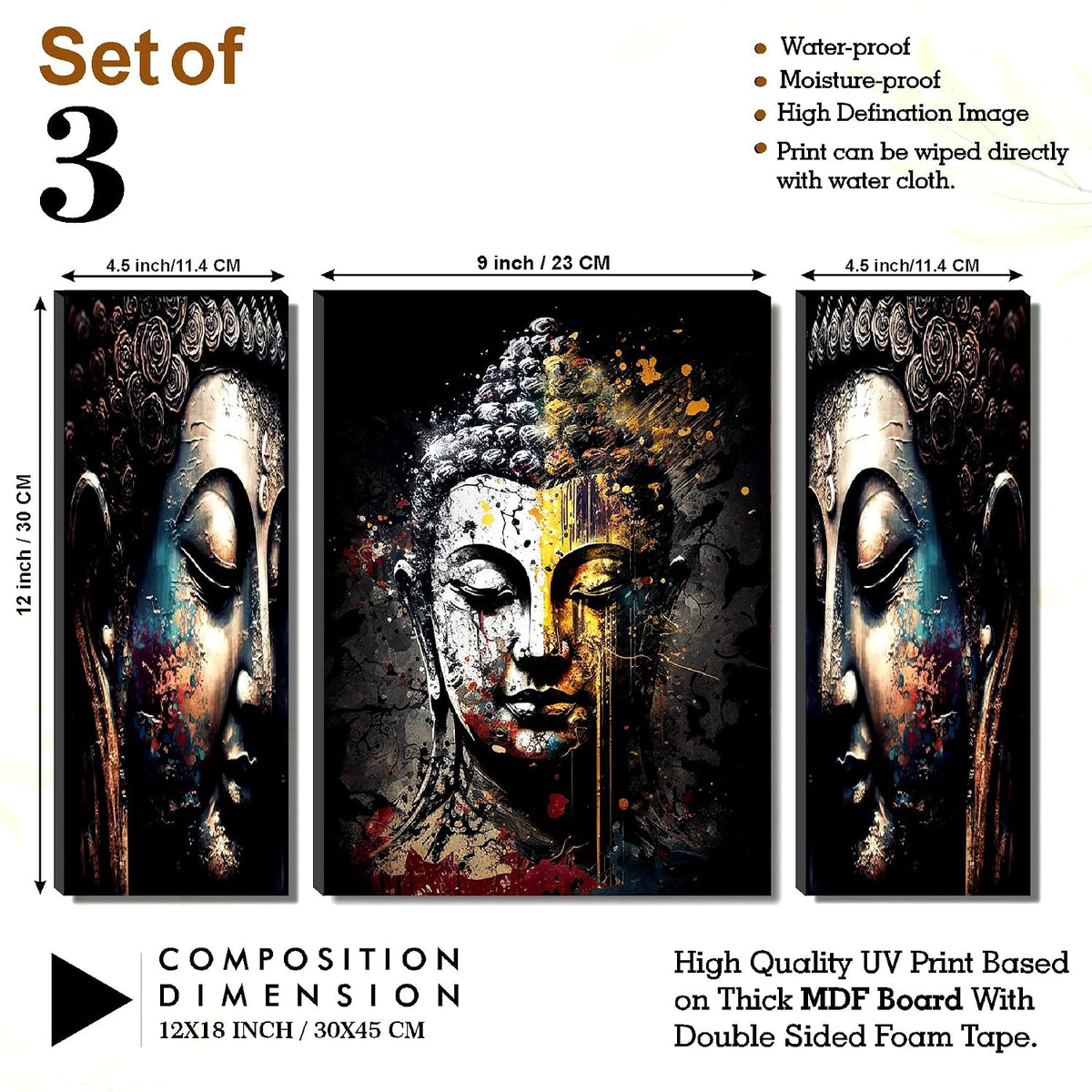 Abstract Textured Buddha Wall Art – 3-Panel UV-Printed Zen Triptych | Ready-to-Hang Spiritual Meditation Home Décor (20 Inch x 12 Inch) JM-35300