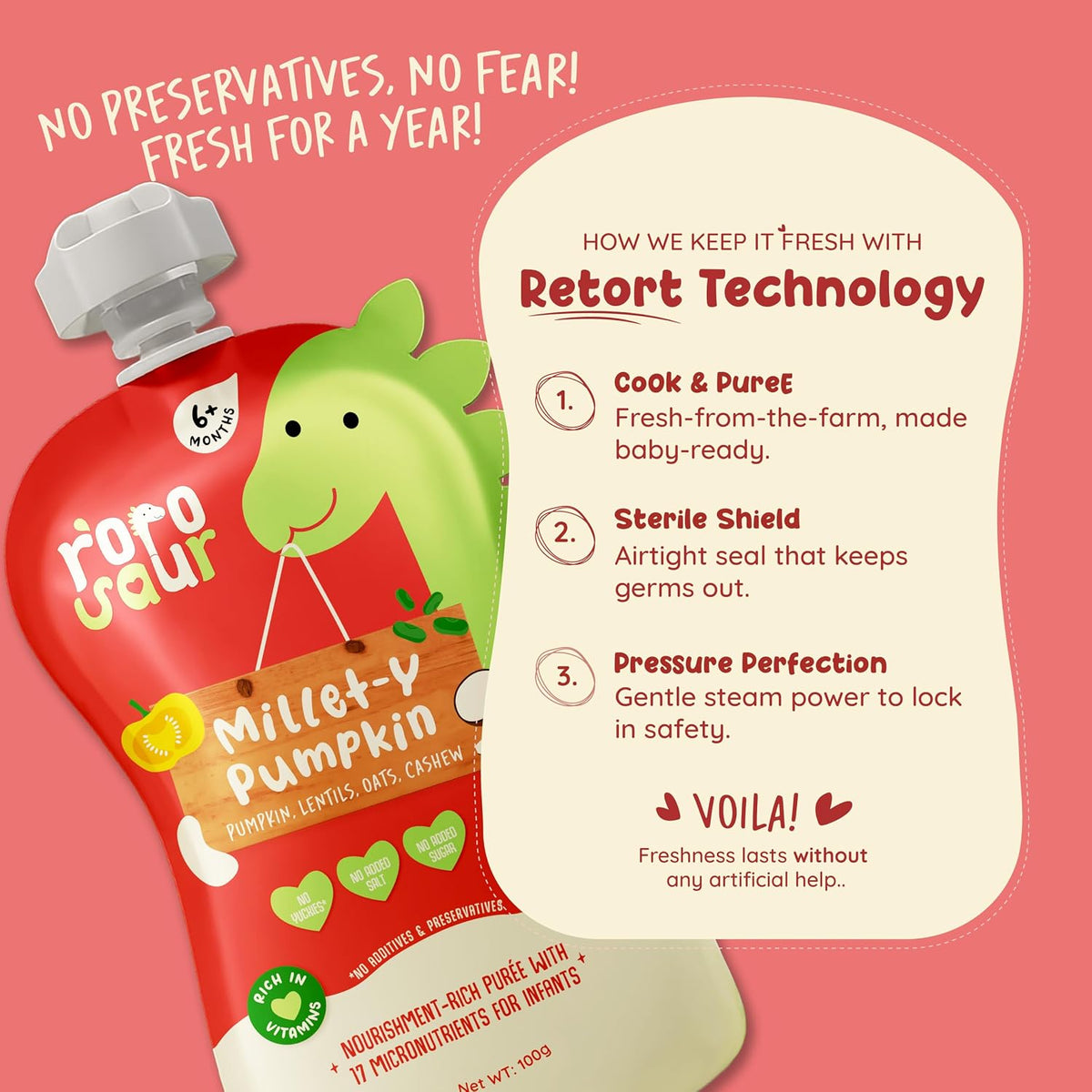 Rorosaur Ready to Eat Sattu Maavu Porridge Baby Food Puree Pouch 100g each, Pk of 2 | Made with millet & pumpkin for 6+ Months Baby | Easy to Digest, 100% Natural, No Preservatives, No Sugar/Salt
