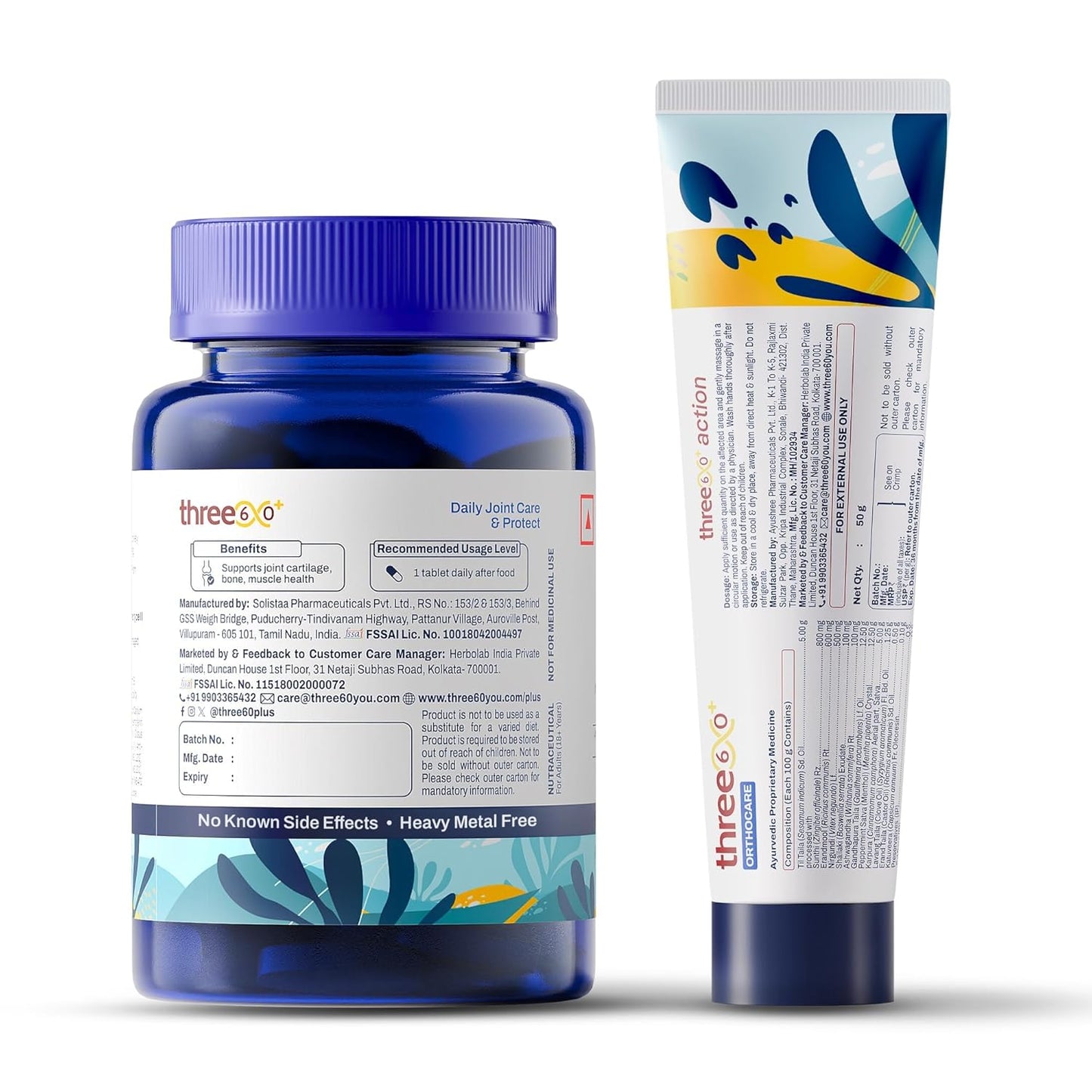 three60+ Daily Joint Care & Pain Relief Combo (60 Tablets+50g Gel) | Improves Bone Strength, Promotes Cartilage Repair, Provides Immediate & Long-Lasting Pain Relief | Non-Habit Forming