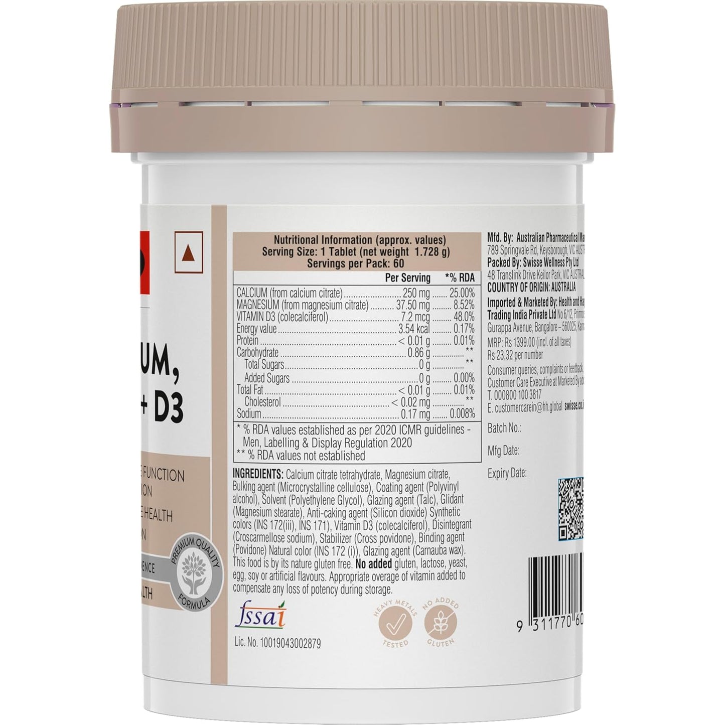 Zephivo Swisse Magnesium, Calcium+D3 Supports Muscle Function, Energy & Bone Health (Manufactured In Australia) - 60 Tablets (1 Tablet Per Serving)