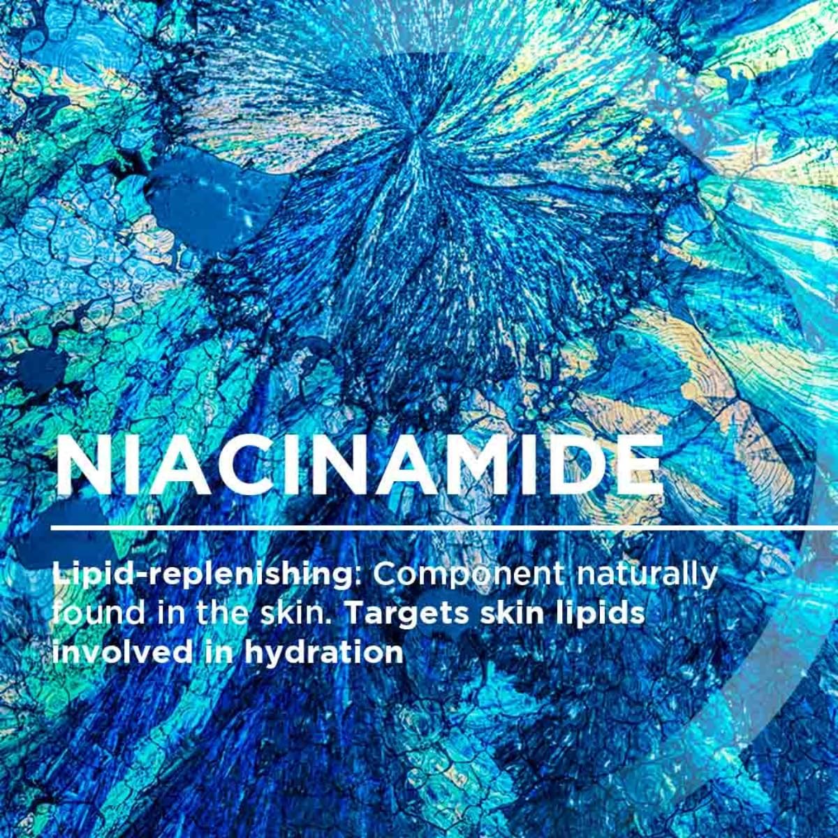 Text about niacinamide with a blue, abstract background