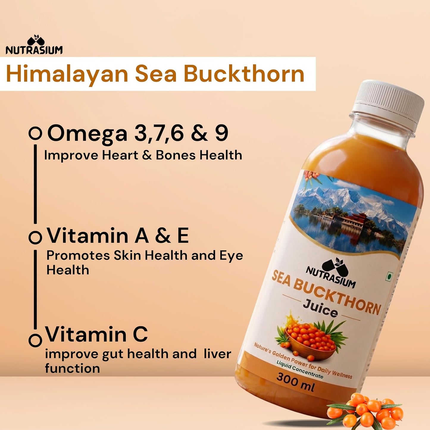 Nutrasium Sea Buckthorn Juice - 300 ml | Pulp Concentrate Made for Your Total Wellness Support |Natural Source of Vitamin C, Omega 3 6 7 9, Antioxidants For Immunity, Skin Glow & Gut Health