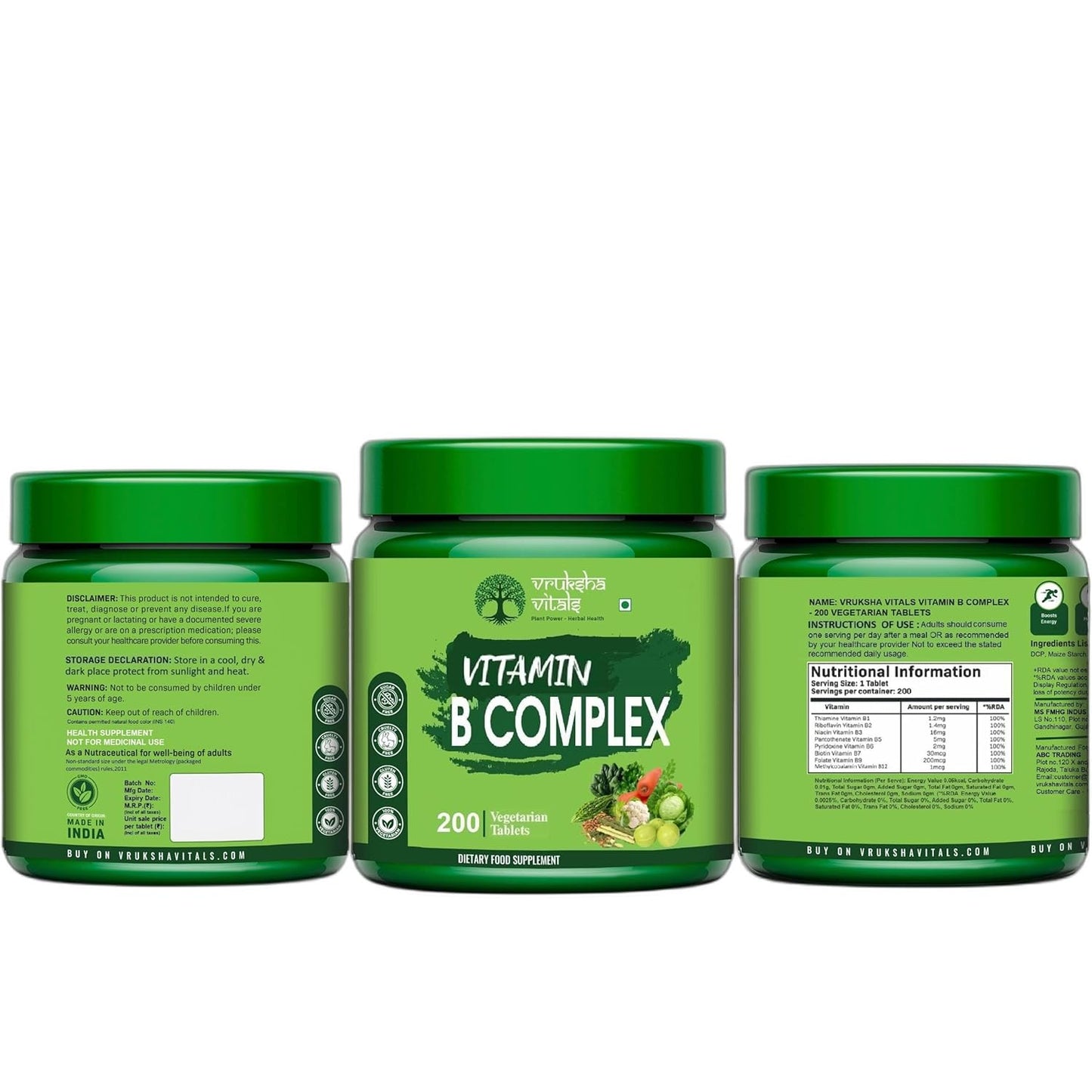 Three green jars of Vitamin B Complex supplement on a white background
