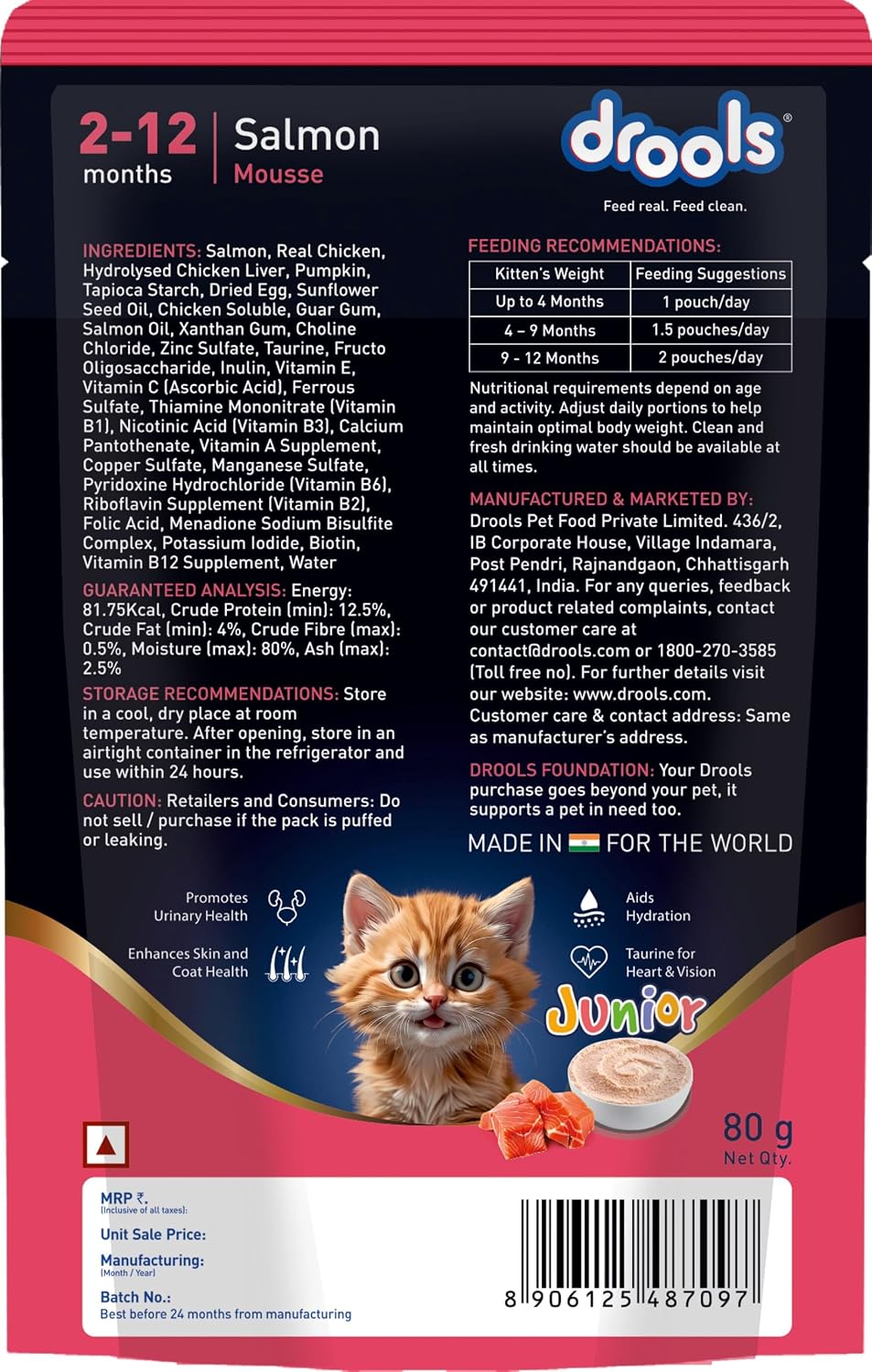 Drools Kitten Wet Mousse 80g | Salmon | High Protein | Promotes Hydration & Easy Digestion | Grain Free | No Artificial Additives | Enriched with Vitamins & Antioxidants