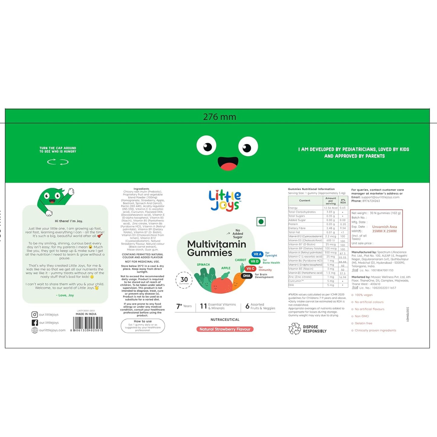 Little Joys Multivitamin Gummies | 7-12 Years |With 11 Vitamins & Minerals | 30 Day pack | Improves Immunity, Bone health & Antibody Production | No Added Sugar | Strawberry Flavour