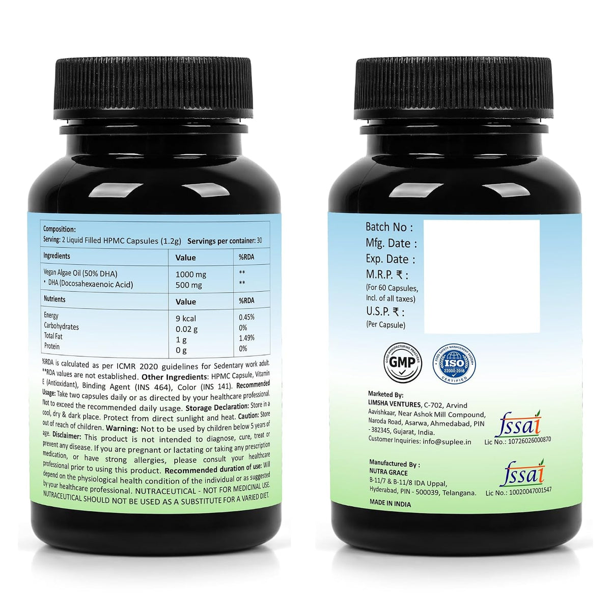 Suplee Plant Based Omega 3 Algae Oil 1000mg with 500mg DHA | 60 Capsules