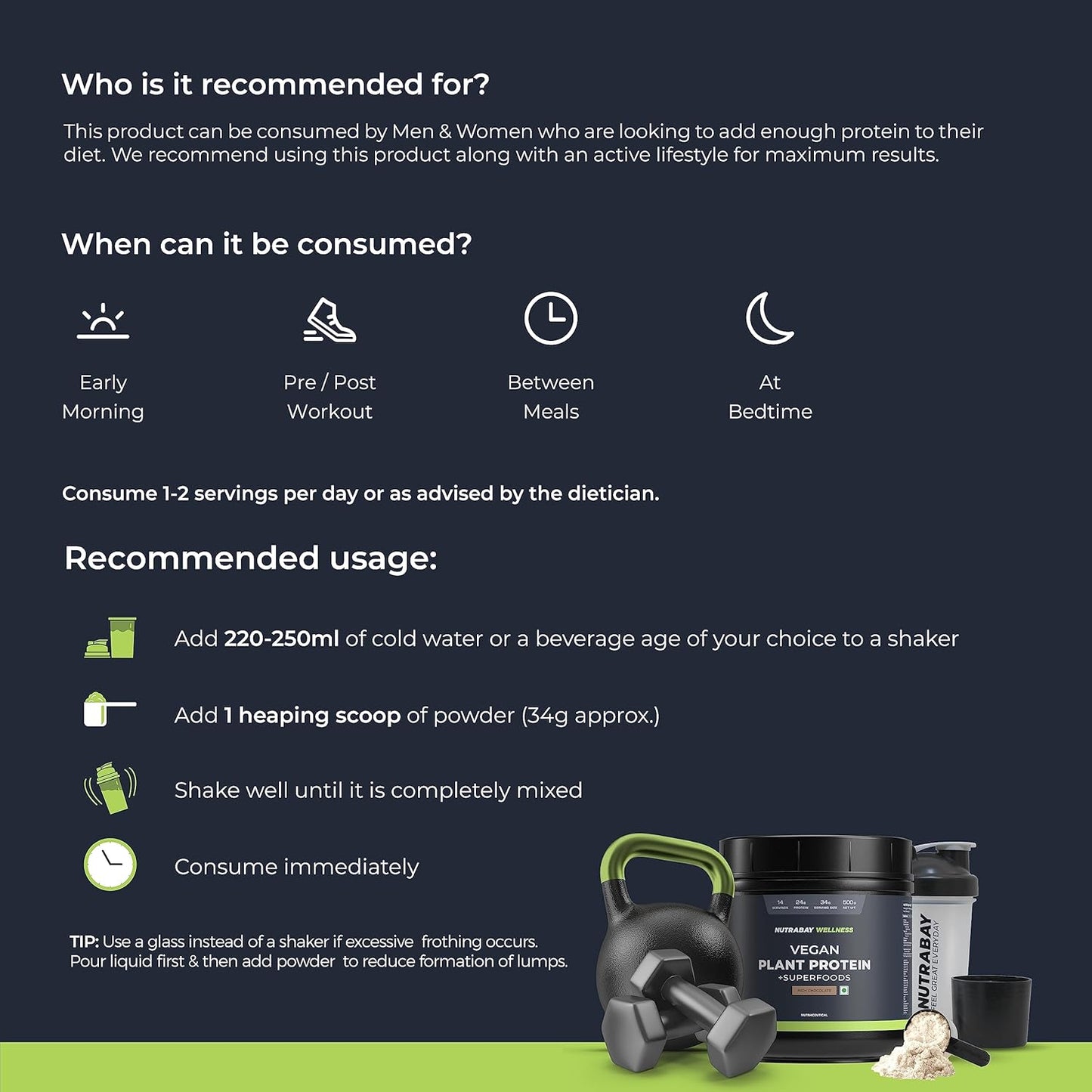 Product packaging with usage instructions and recommended consumption times on a dark background