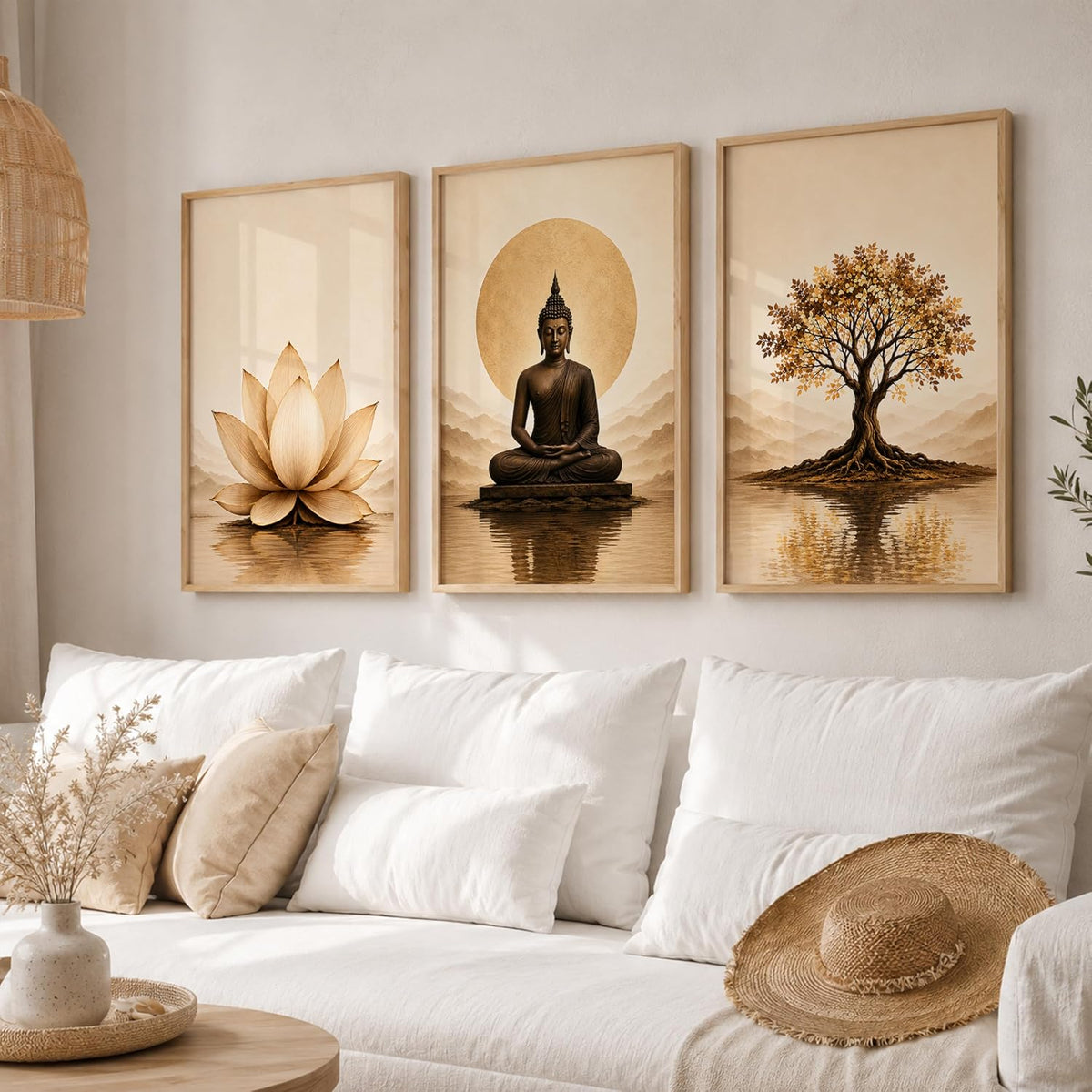 Wooden Frame Buddha Wall Art Set of 3, 13x19 Inches, for Meditation, Home, Bedroom, Office, and Spiritual Decor