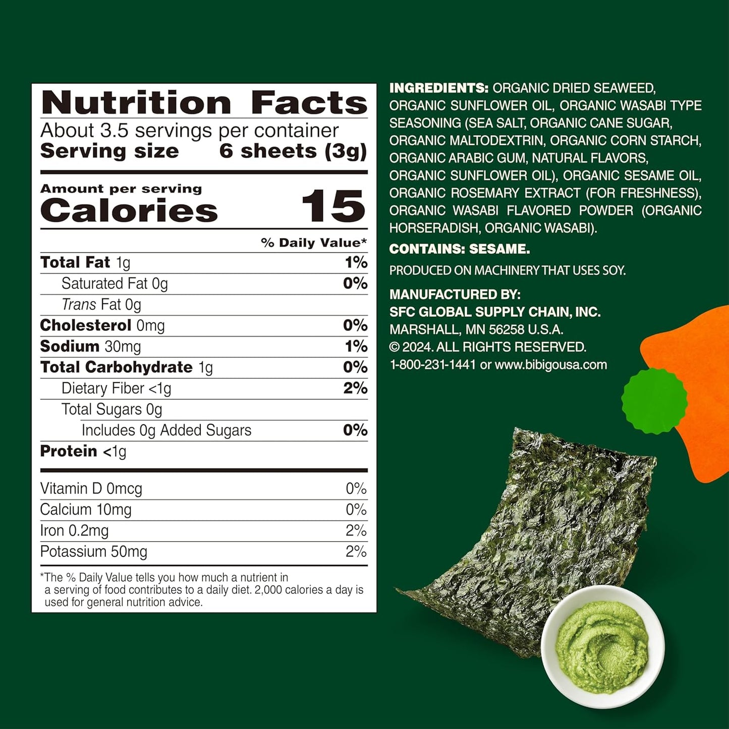 Bibigo Wasabi Flavor Seaweed Snack, Non GMO, Gluten Free, 0.35 Ounces (Pack Of 1)