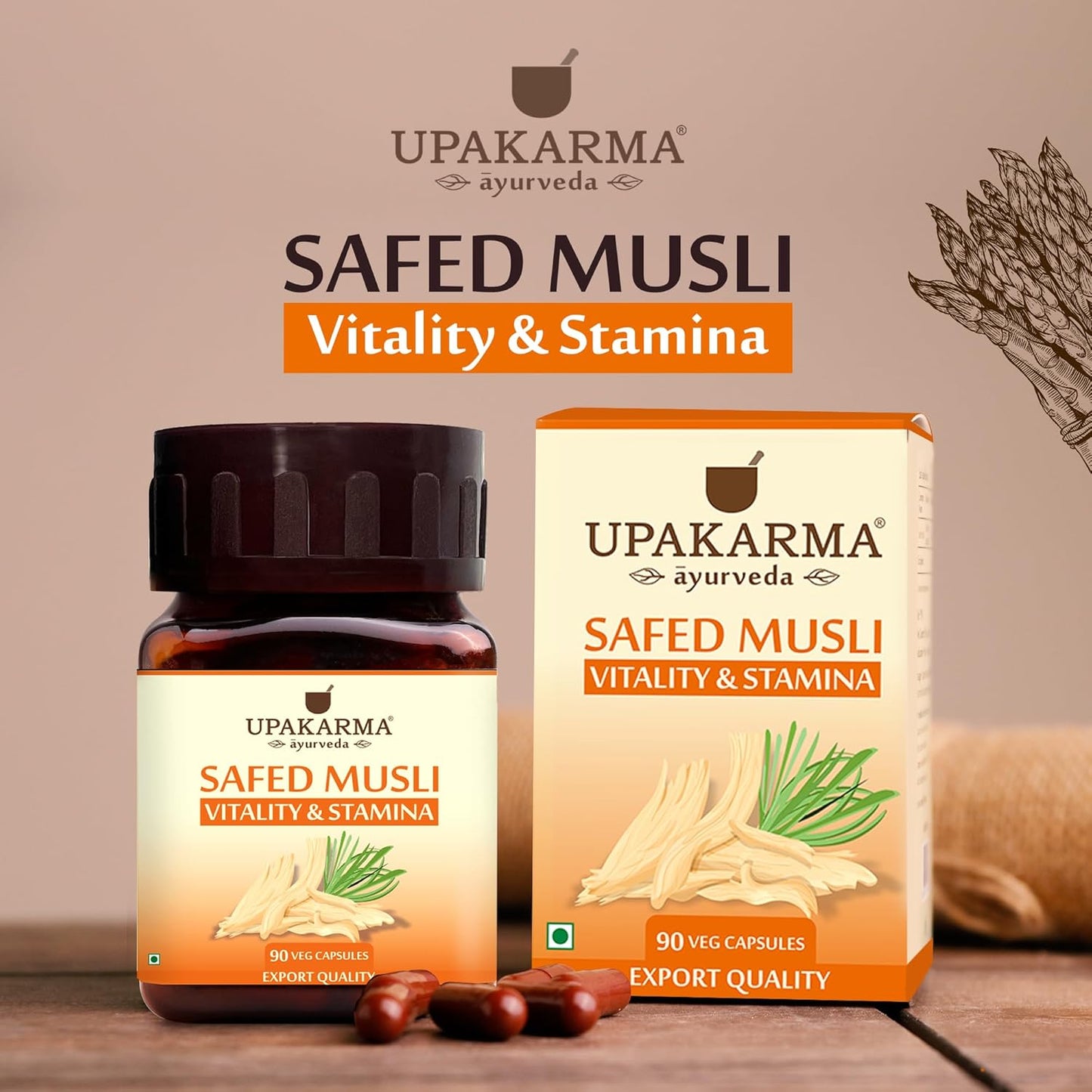 UPAKARMA Safed Musli Capsules (500 mg) | Stamina & Vitality Booster for Men | 90 Veg Capsules - Pack of 1