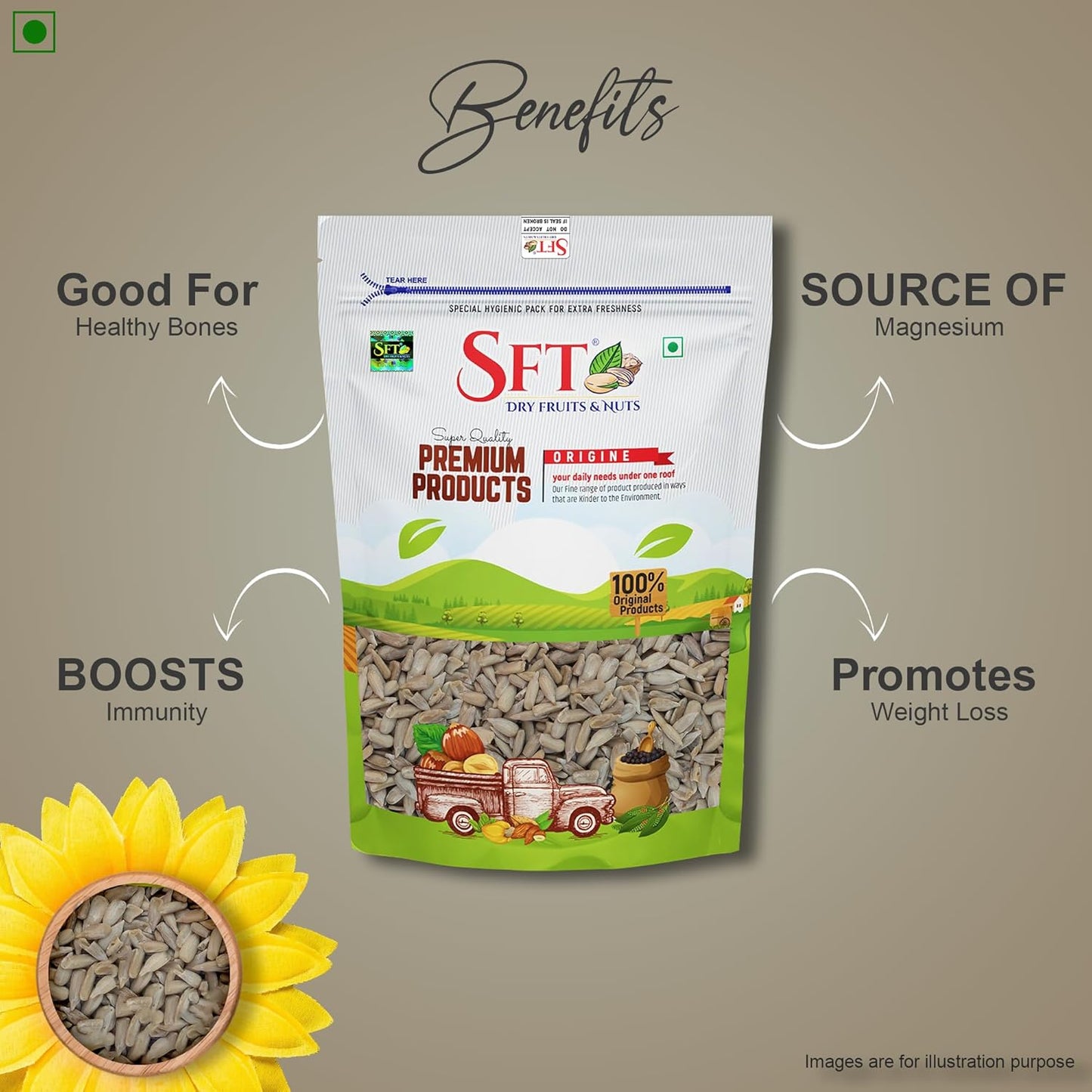 SFT Sunflower Seeds 1 Kg - Raw Seed for Eating | Healthy Snacks | High in Vitamin, Fibre & Protein Seeds | Non - GMO seed | Diet Food | Gluten free | Premium Raw Sunflower seed