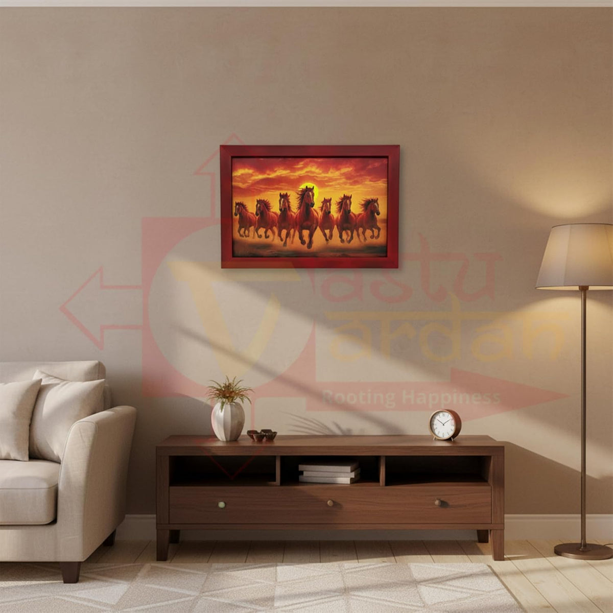 Seven Red Horse Painting With Frame | Natural Paintings for Living Room | Size 33 x 23 cm | Wall Scenery for Bedroom, Office, Home Decor | Pack Of 1
