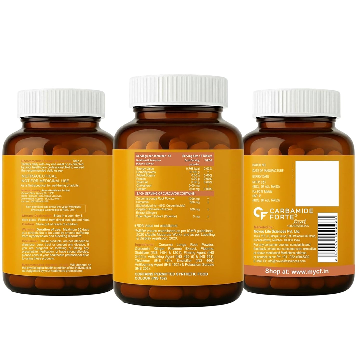 Carbamide Forte Curcumin Tablets with Piperine and 95% Curcuminoids | Anti inflammatory Supplement for Adults | With Curcuma Longa, Turmeric & Ginger Root extract | 90 Veg Tablets