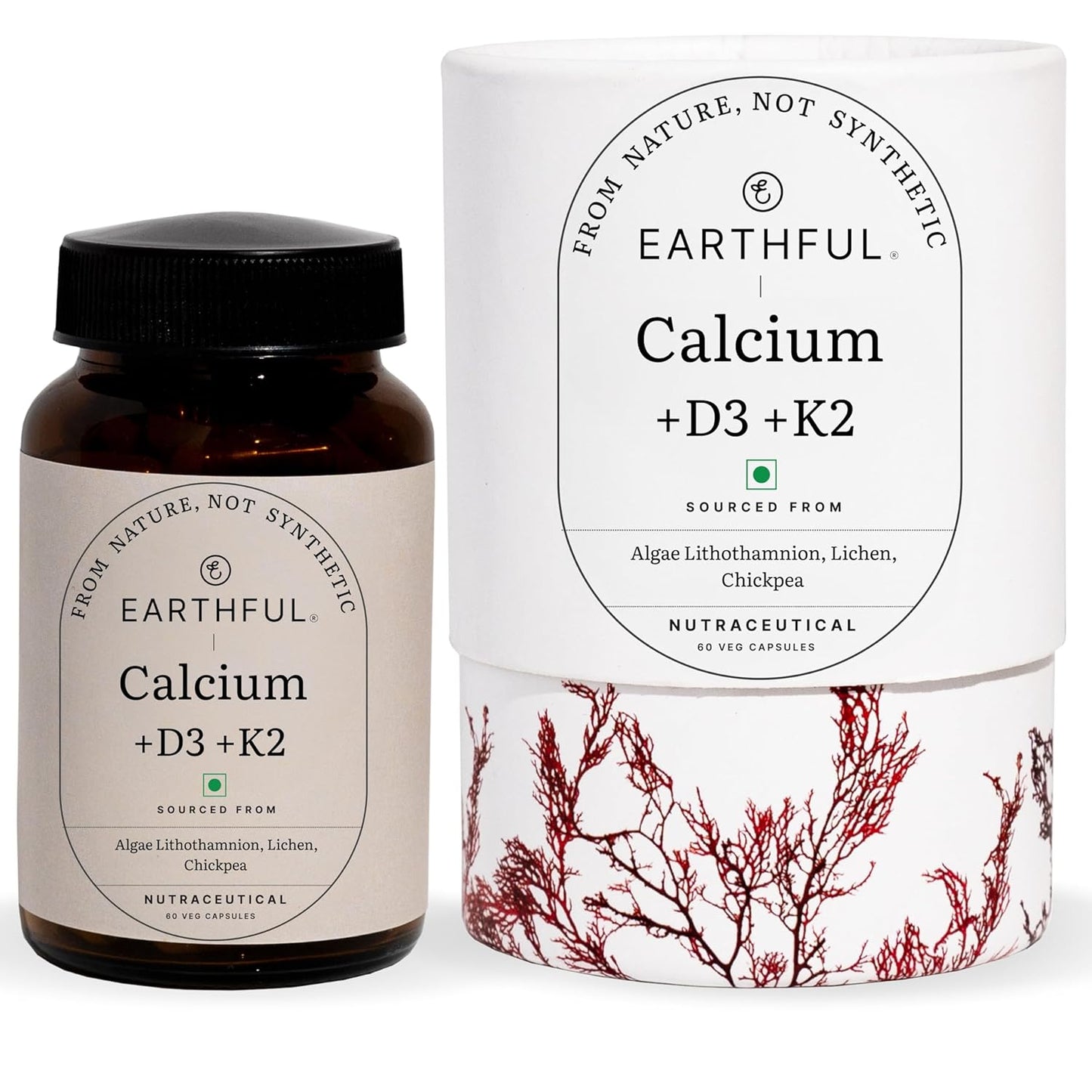 Zephivo Earthful Calcium Magnesium Capsules | 100% Plant, Non-Synthetic | Bone Health Support with Vitamin D3 & K2 | 60 Capsules for Stronger Bones & Joint Relief | Clean Formula, No Additives