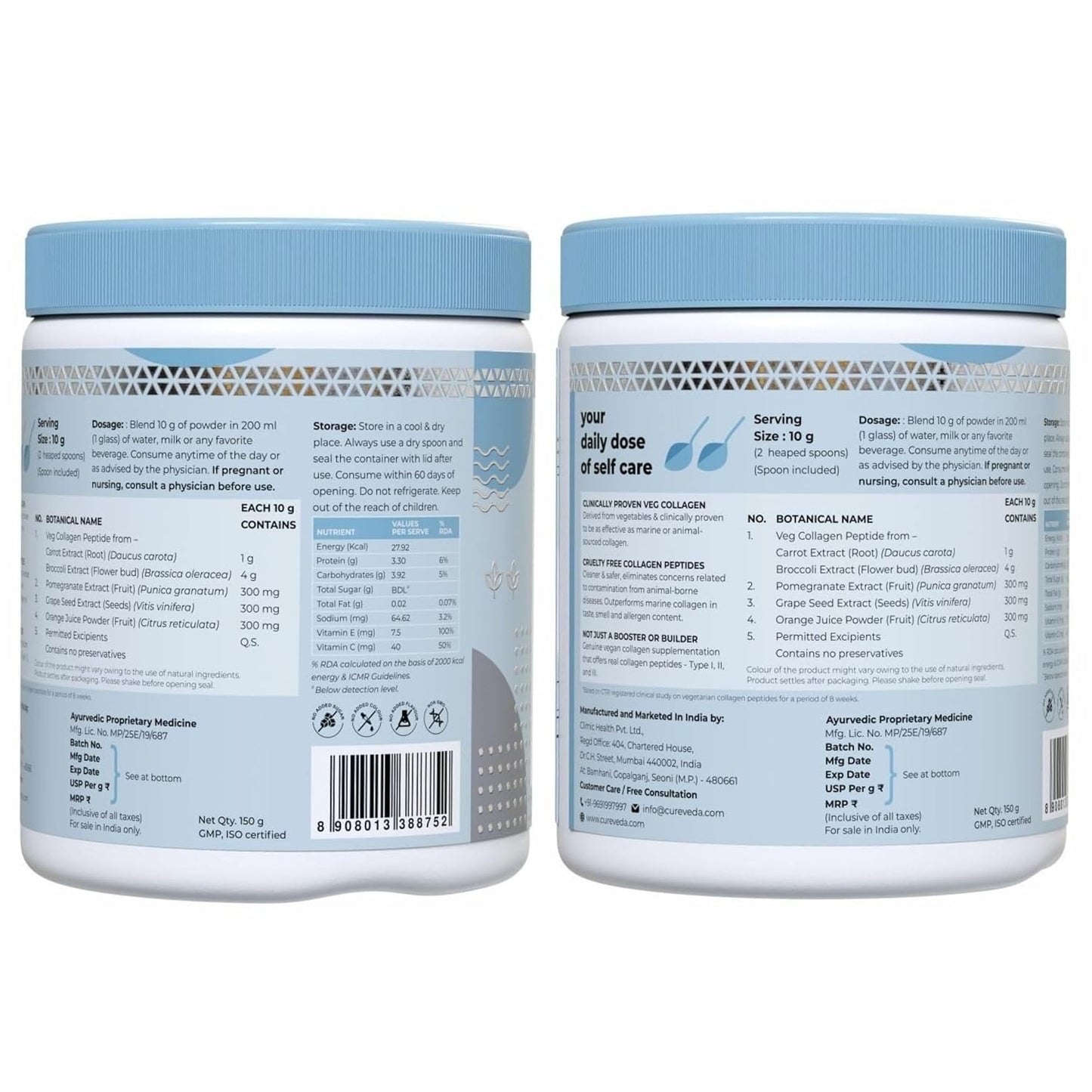 Two containers with blue lids and labels on a white background
