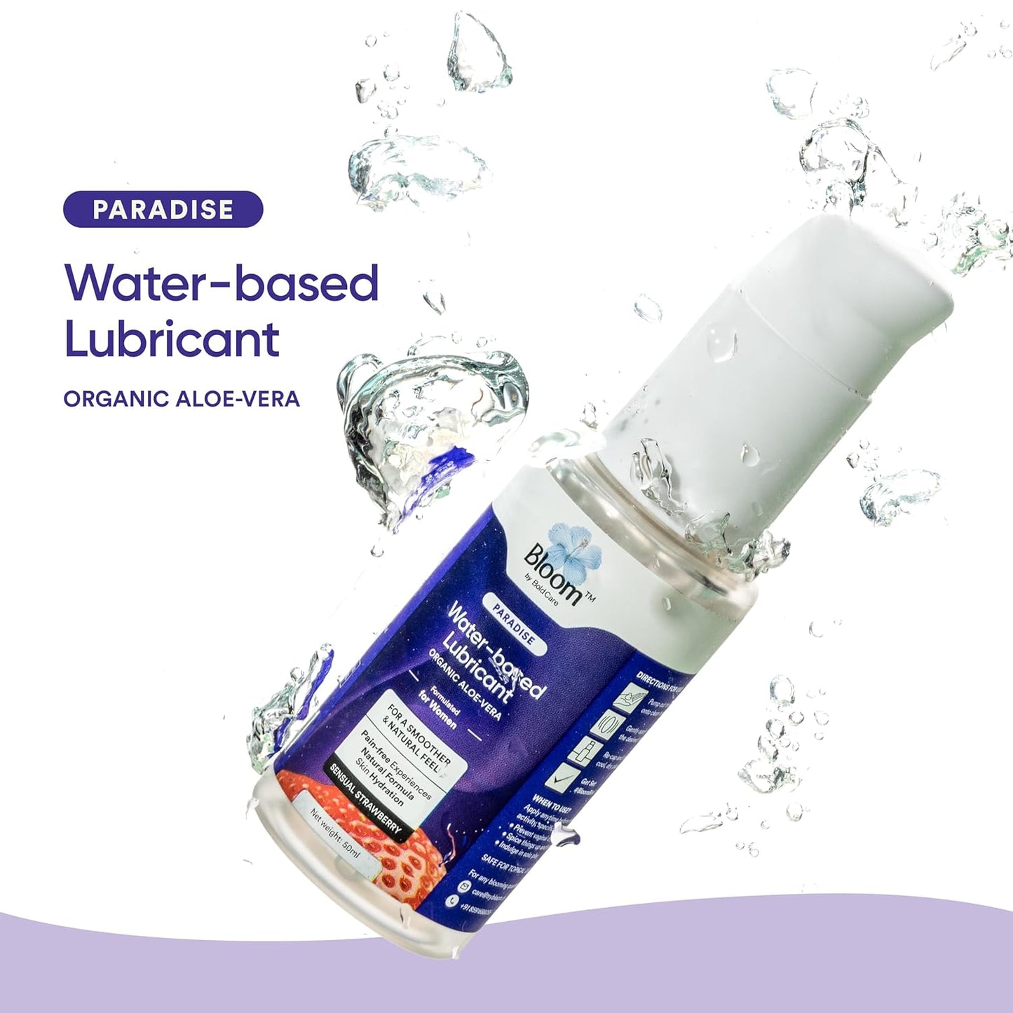 Bloom Water-Based Lubricant & Massage Gel | (50 ml) | For Long-lasting Painless Experiences | Non-Staining Lube for Dryness | Non-Sticky & pH Balanced Formula | Strawberry Flavour