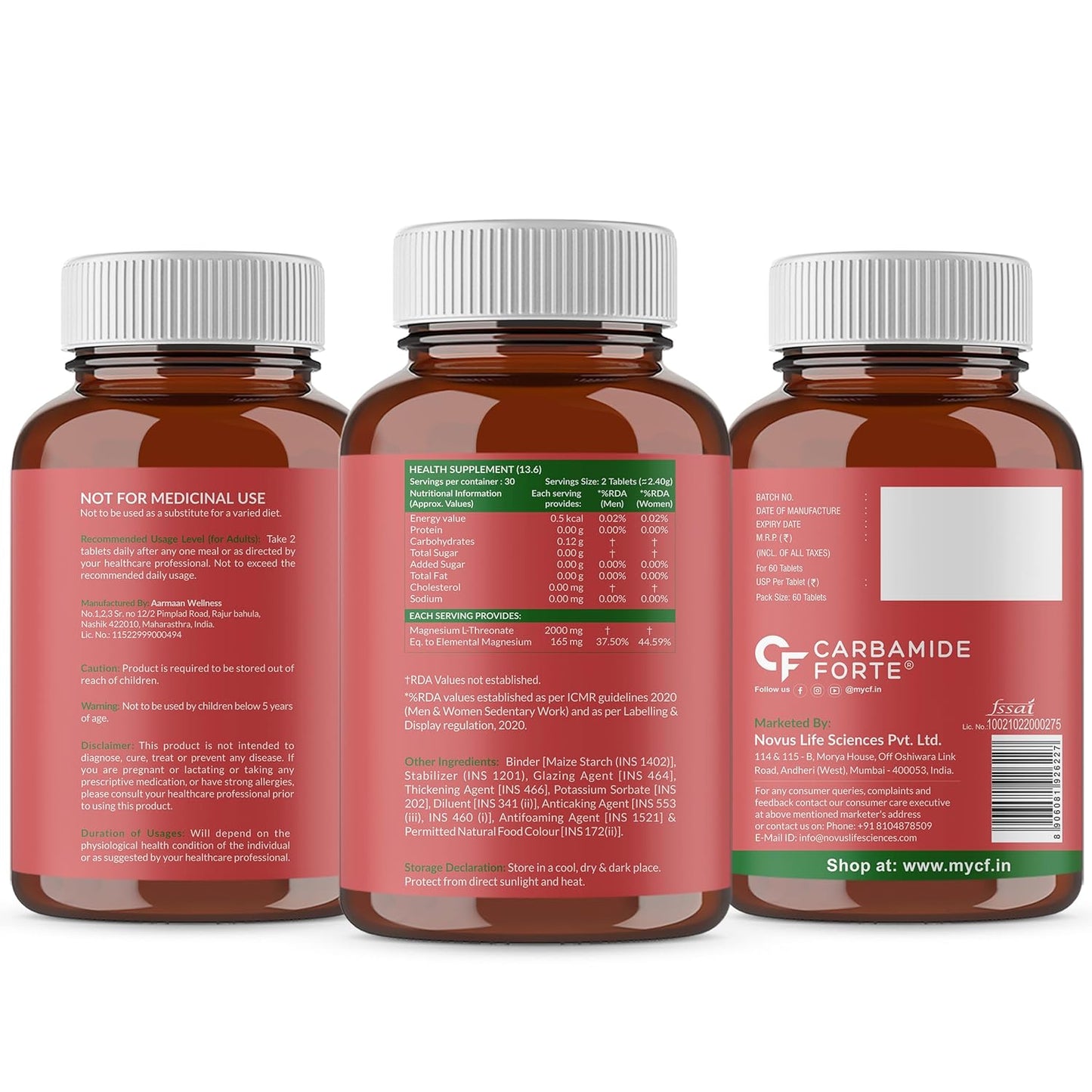 Carbamide Forte L Threonate 2000mg Per Serving | Magnesium Supplement for Memory, Focus & Better Sleep – 60 Veg Magnesium Tablets