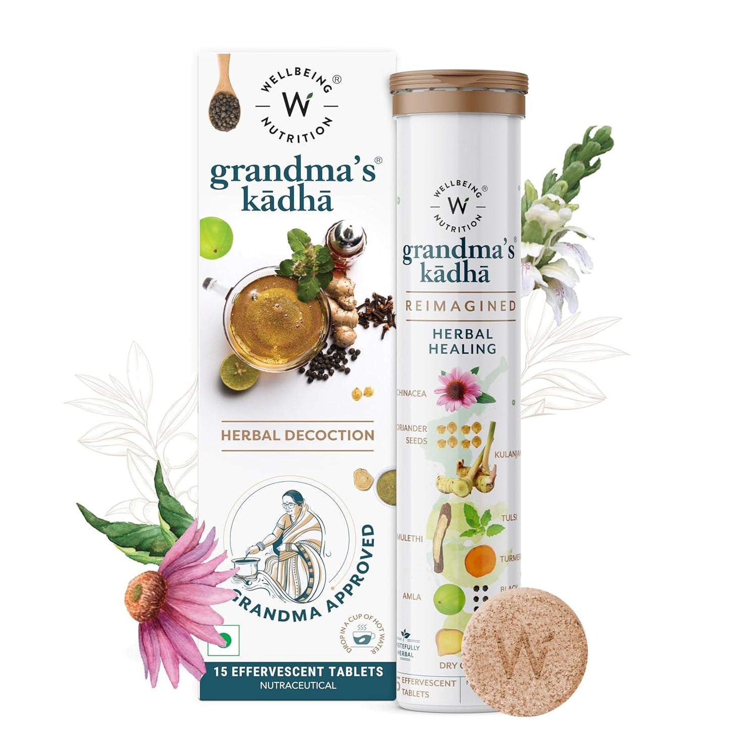 Wellbeing Nutrition Grandma's Kadha - Ayush Kwath Immunity Booster | Ayurvedic Kadha for Immunity, Cold, Cough, Sore Throat & Congestion | Immunity Boosters for Adults (15 Effervescent Tablets)