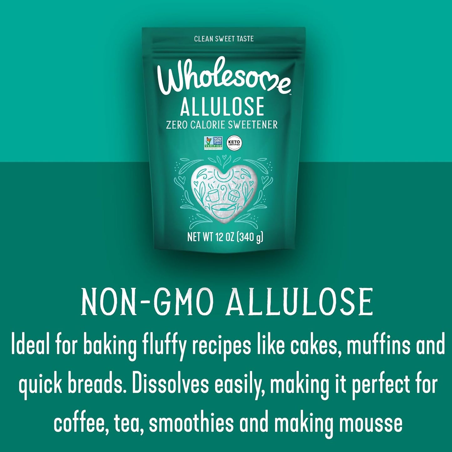 Wholesome Sweeteners 12-Ounce Allulose Sweetener, Zero Calorie Sugar Substitute, Keto Friendly, Non GMO, Non-Erythritol, Gluten Free & Vegan Sweetener, 1 Pack