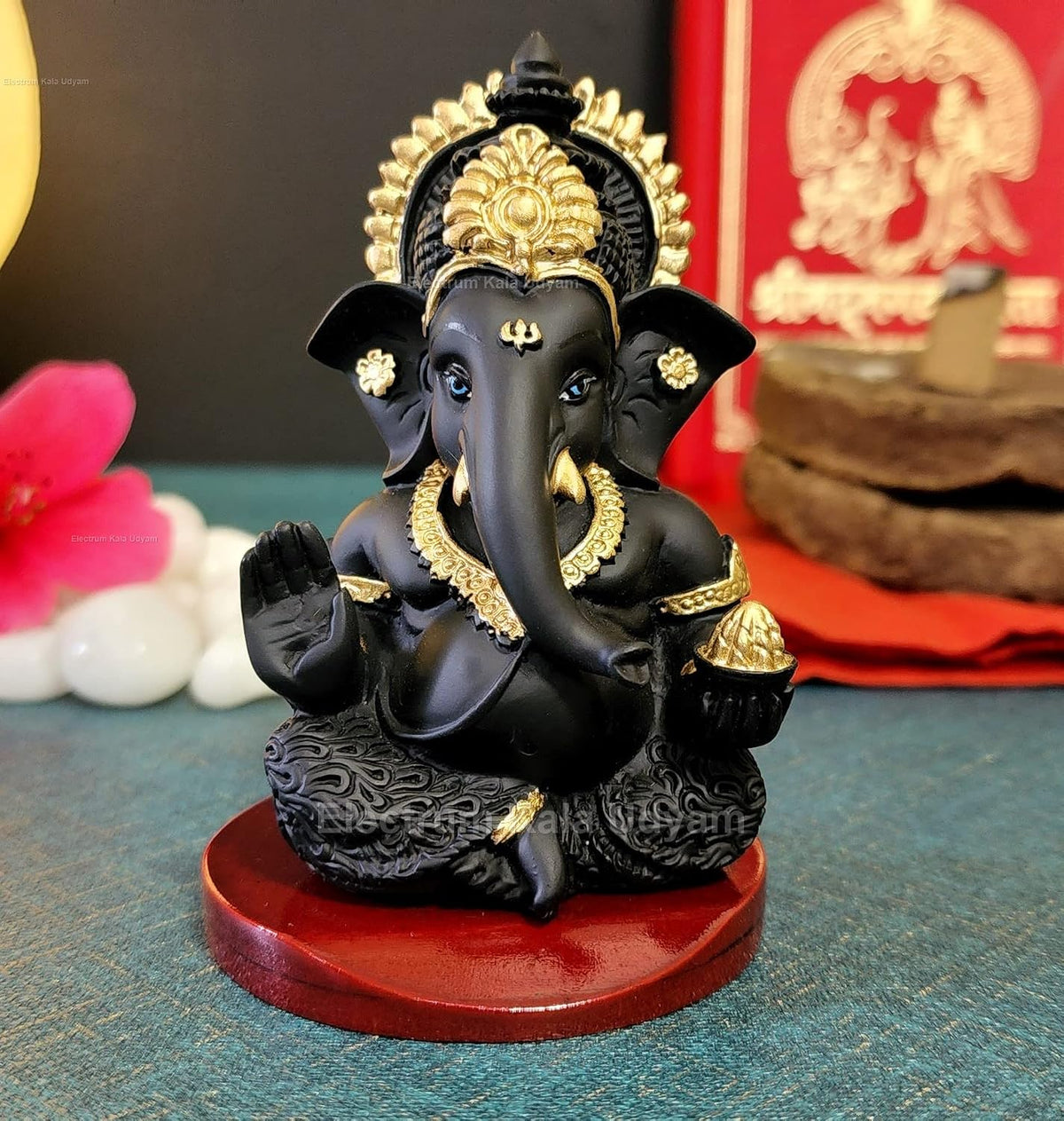 Handcrafted Poly Resin Ganesha Statue with Base - Perfect for Car Dashboard, Office Desk, Shelves, and Home Decor - Ideal Housewarming Gift! (Mukutblackwithbase)