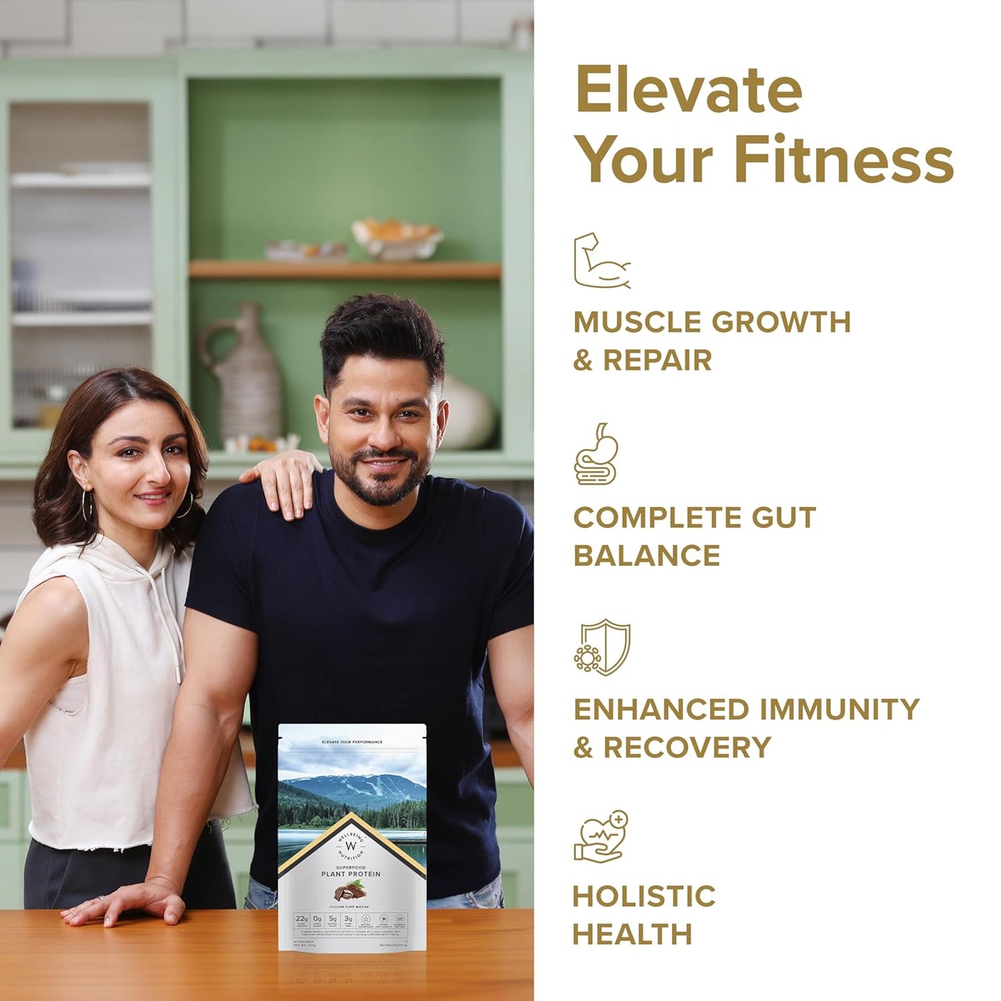 Wellbeing Nutrition Organic Vegan Plant Protein Isolate Powder | 22g Protein, 5g BCAA European Pea & Brown Rice Protein | Superfoods, Fiber for Muscle Growth & Recovery | Italian Cafe Mocha - 500gm