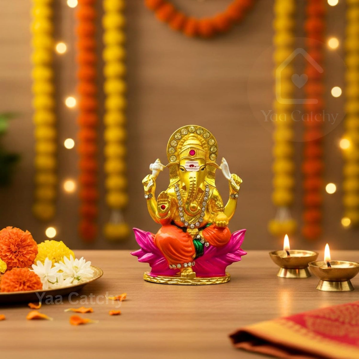 Yaa Catchy Lord Ganesha Car Dashboard Idol & Crystal Stones Lotus Base Design Hindu God Ganpati.Believed to Protect and Bless Travelers on Their Journeys. (Color)